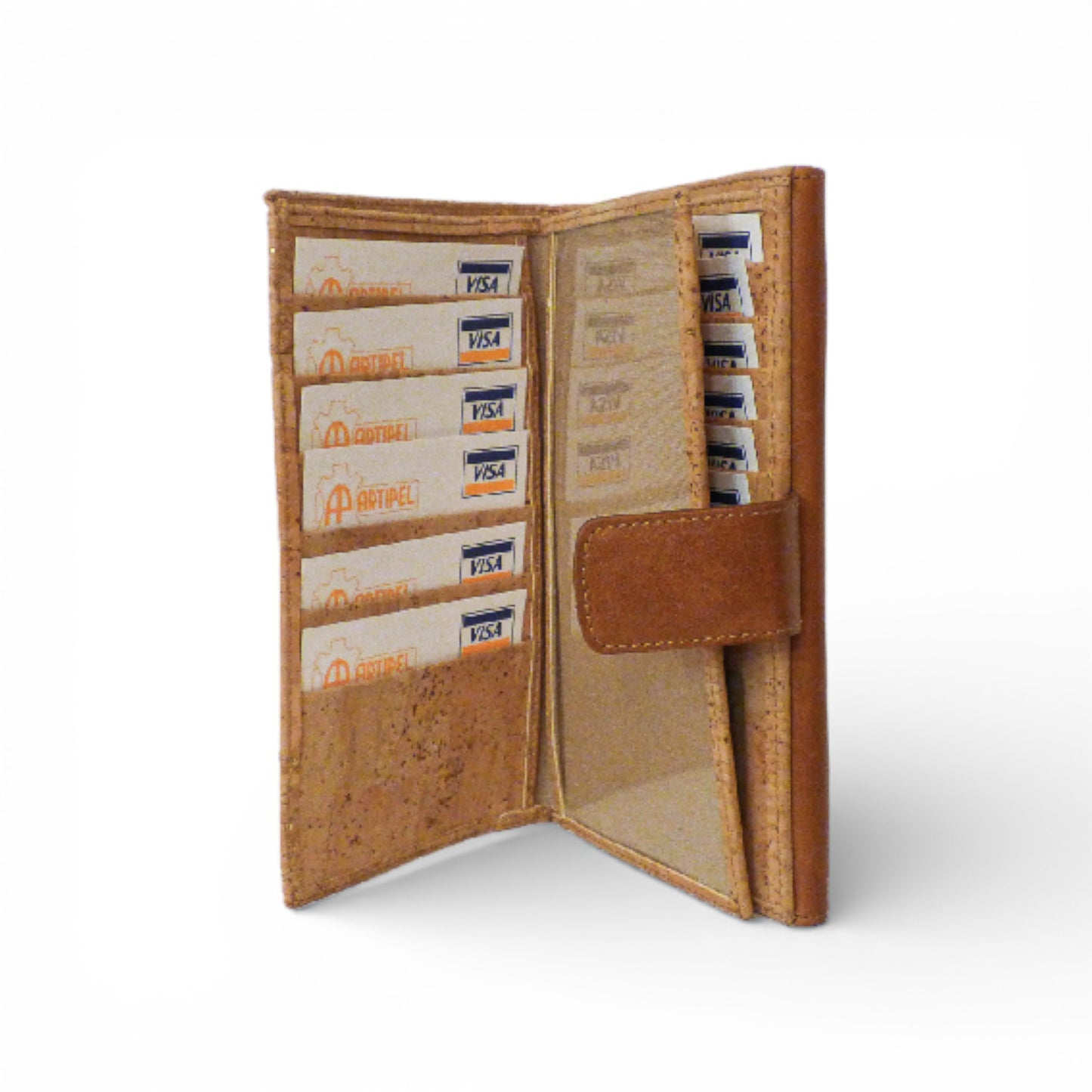 Portefeuille "Compagnon" en liège et cuir marron, présenté avec une texture naturelle et des coutures raffinées.