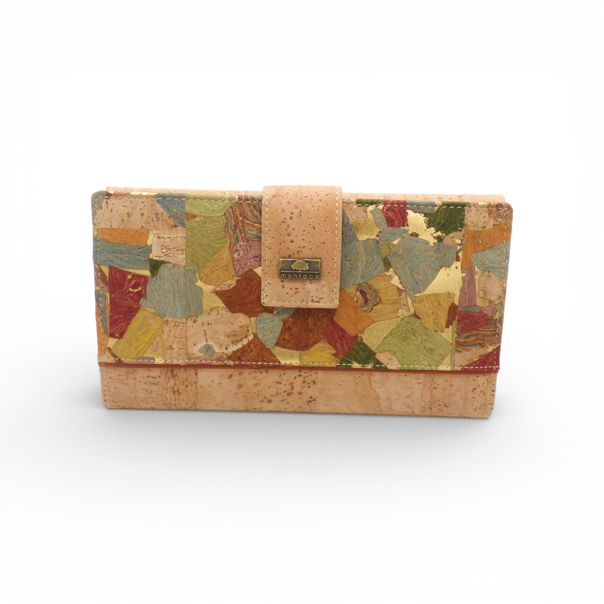Portefeuille femme fermé en liège patchwork multicolore chaud — Montado, patte logo métal, Portugal