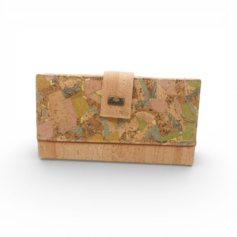 Portefeuille femme fermé en liège patchwork pastel — Montado, patte aimantée logo métal, Portugal