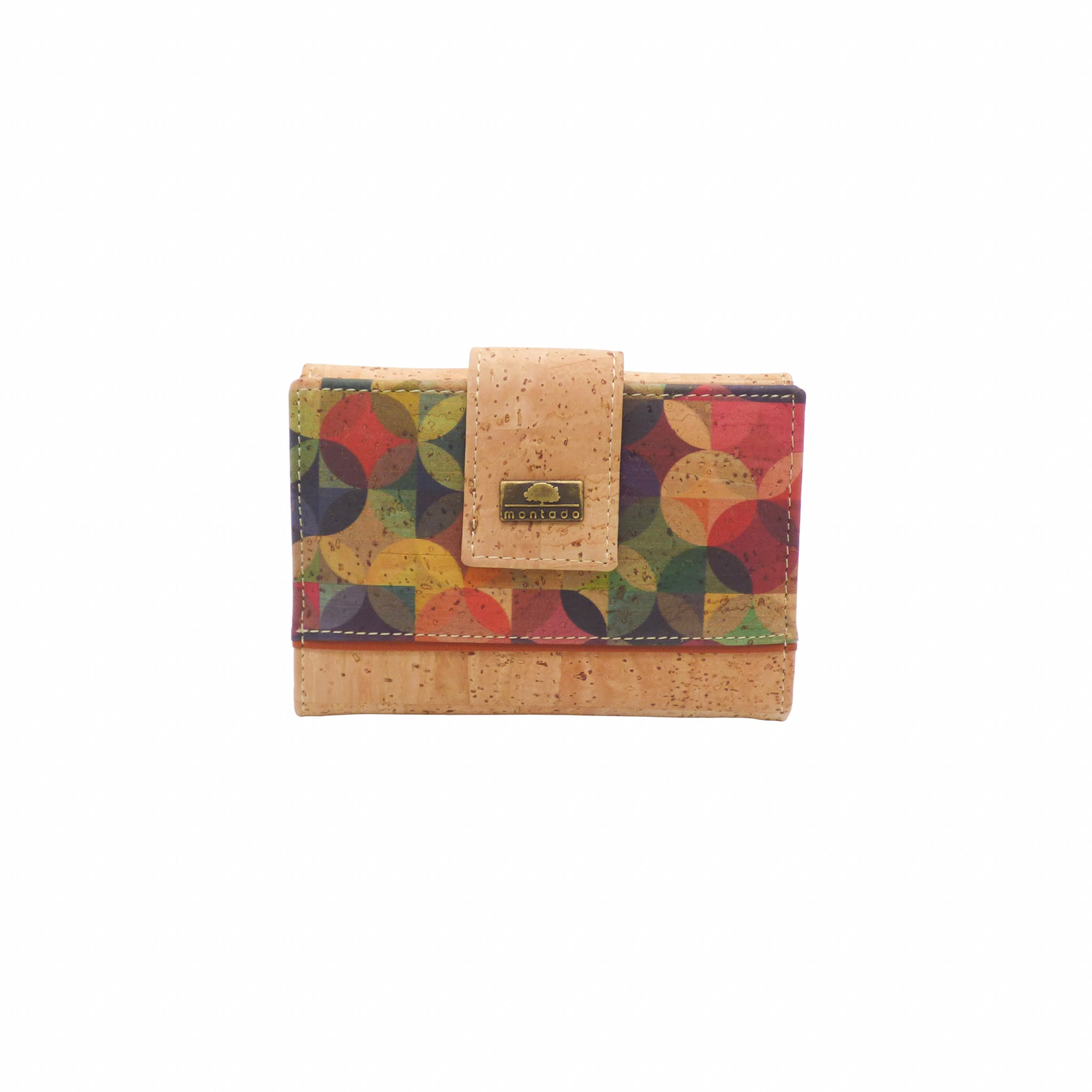 Portefeuille Petit Compagnon en liège imprimé géométrique multicolore de face — Montado, Portugal