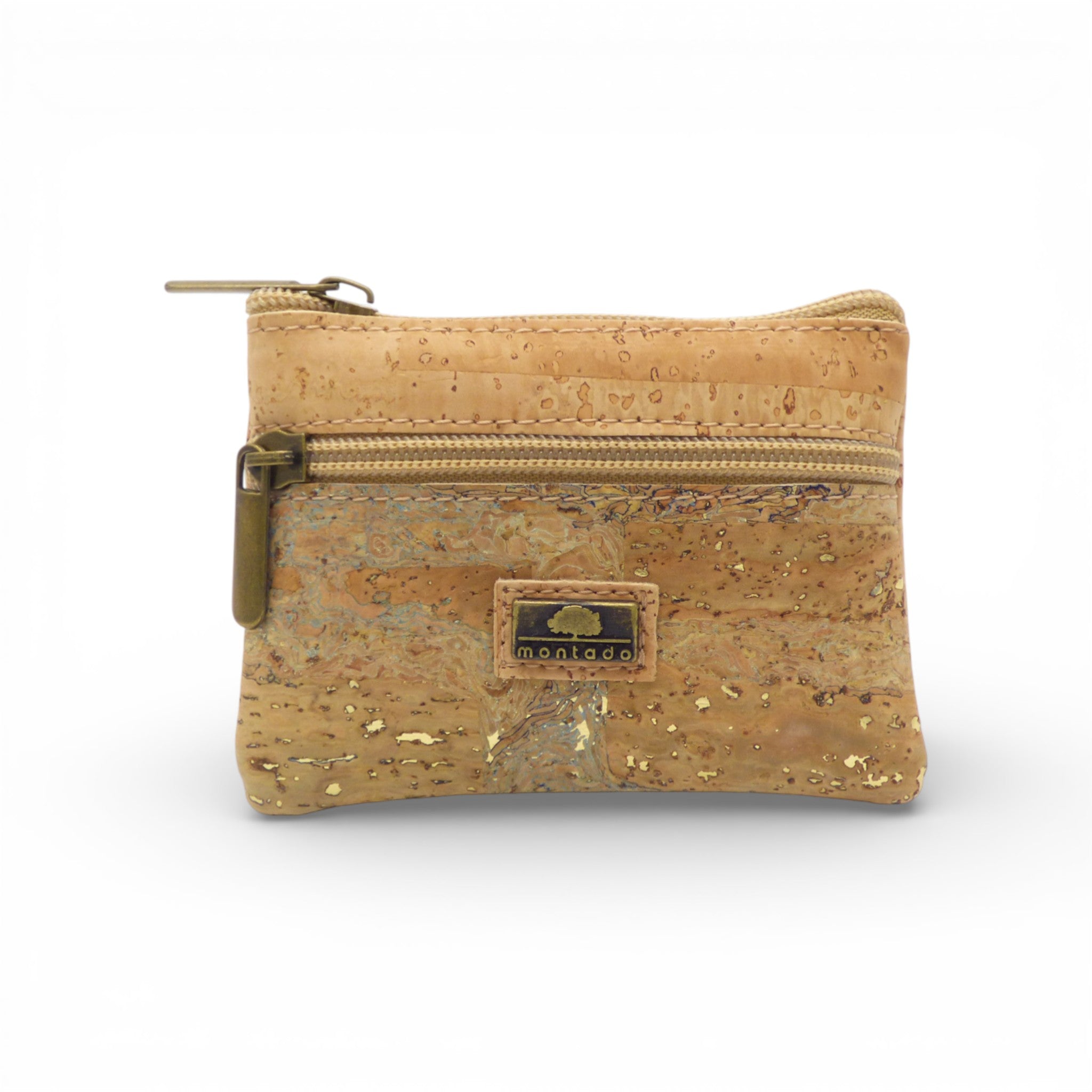 Porte-monnaie double zip compact en liège naturel marbré or — Montado, zips beige, Portugal