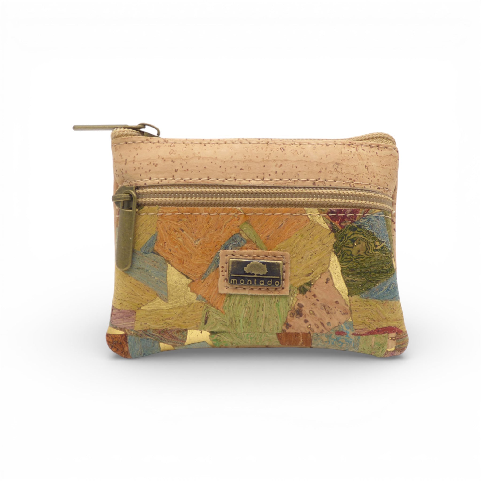 Porte-monnaie double zip en liège mosaïque multicolore — Montado, vue de face, zips laiton, Portugal