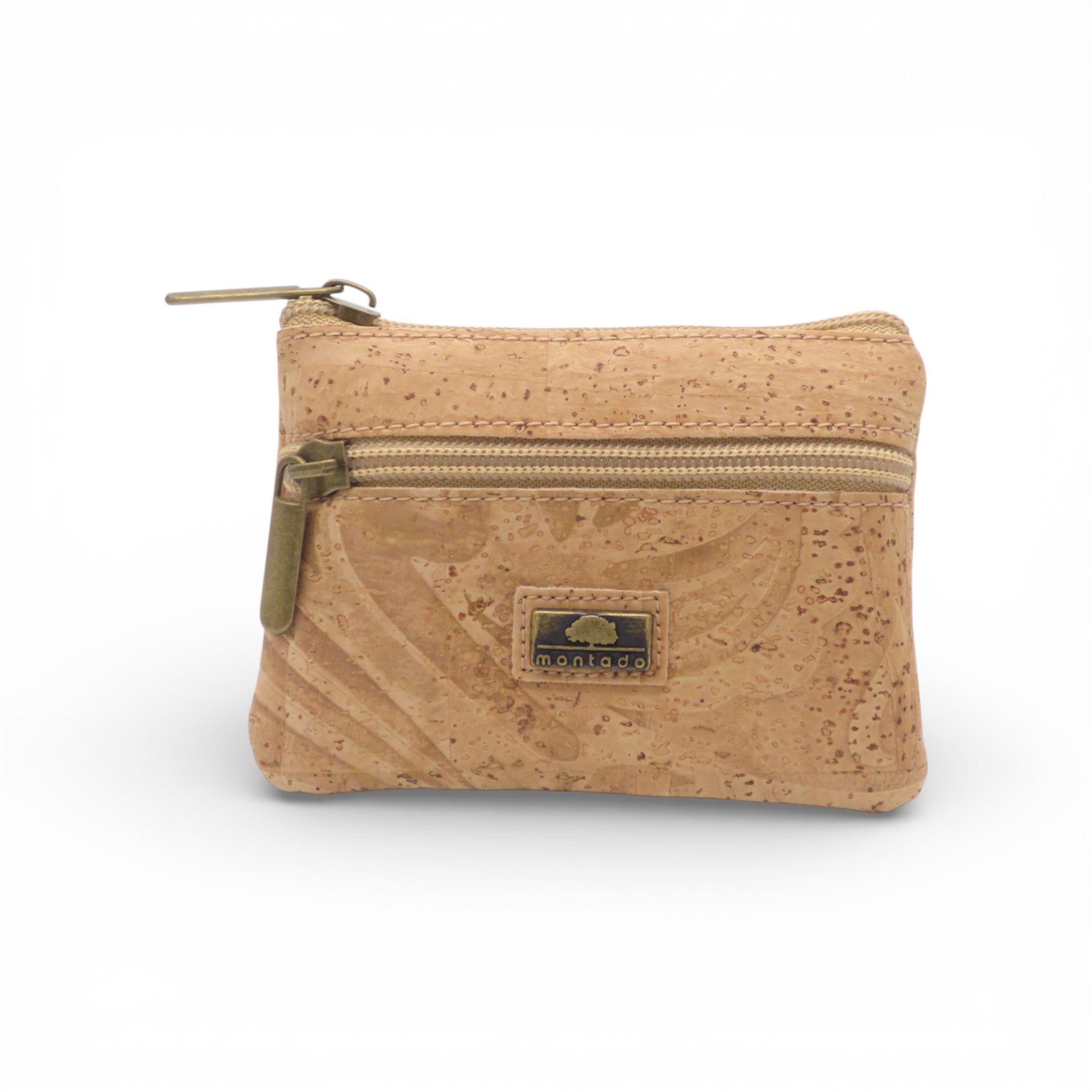 Porte-monnaie double zip en liège naturel marbré or, vue de face — Montado, zips beige, Portugal
