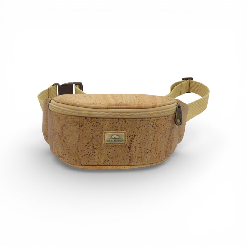 Sac banane en liège naturel — Montado, sangle textile à boucle, zip, plaque logo, Portugal