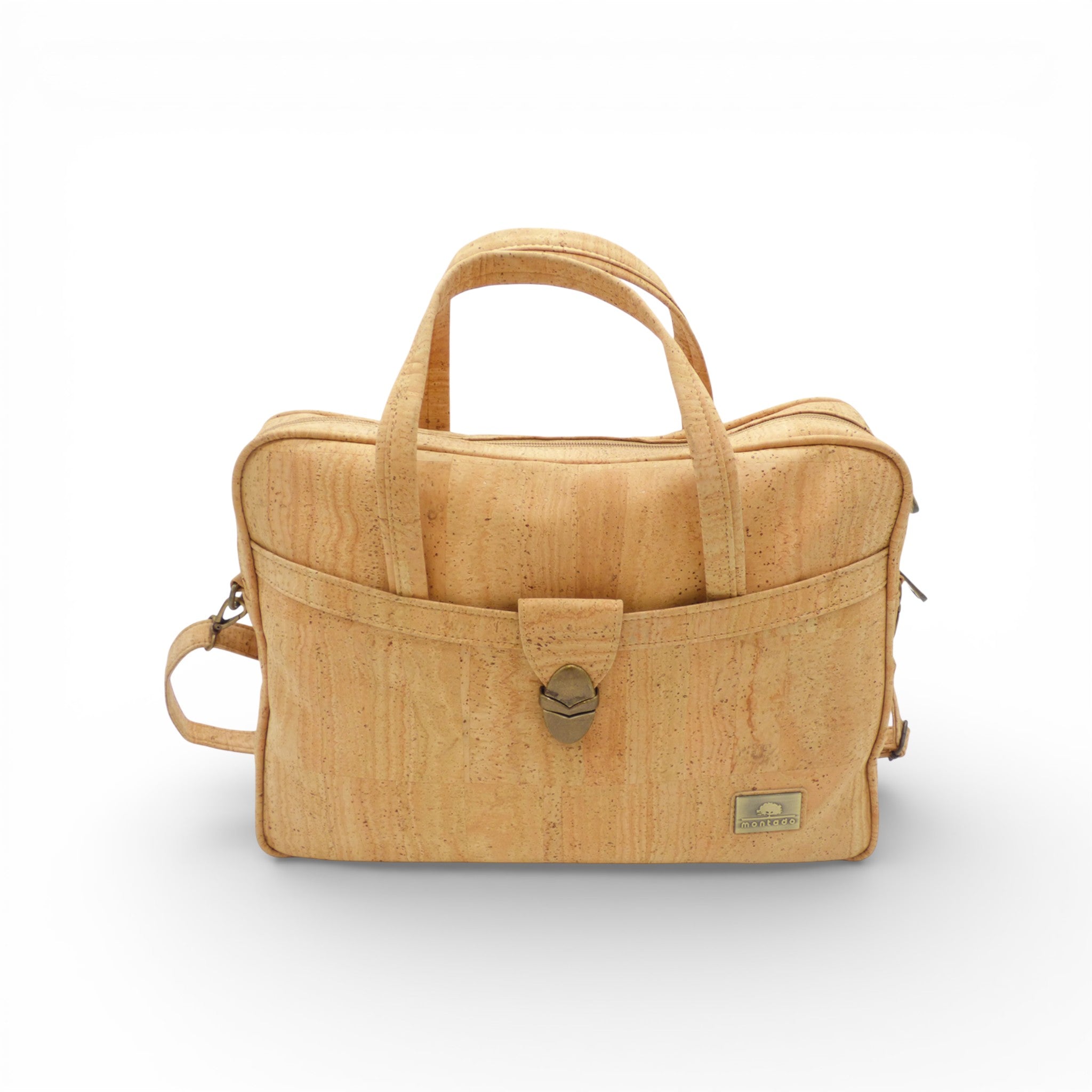 Sac ordinateur en liège naturel vue de face — Montado, poche et fermoir métal doré, Portugal