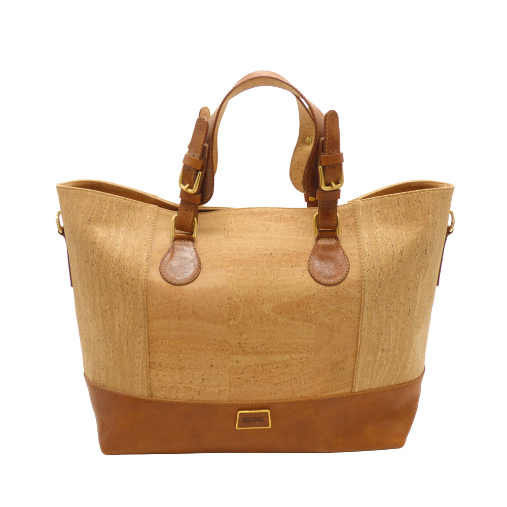 Sac à main Artipel Hipica grand format en liège et cuir marron.