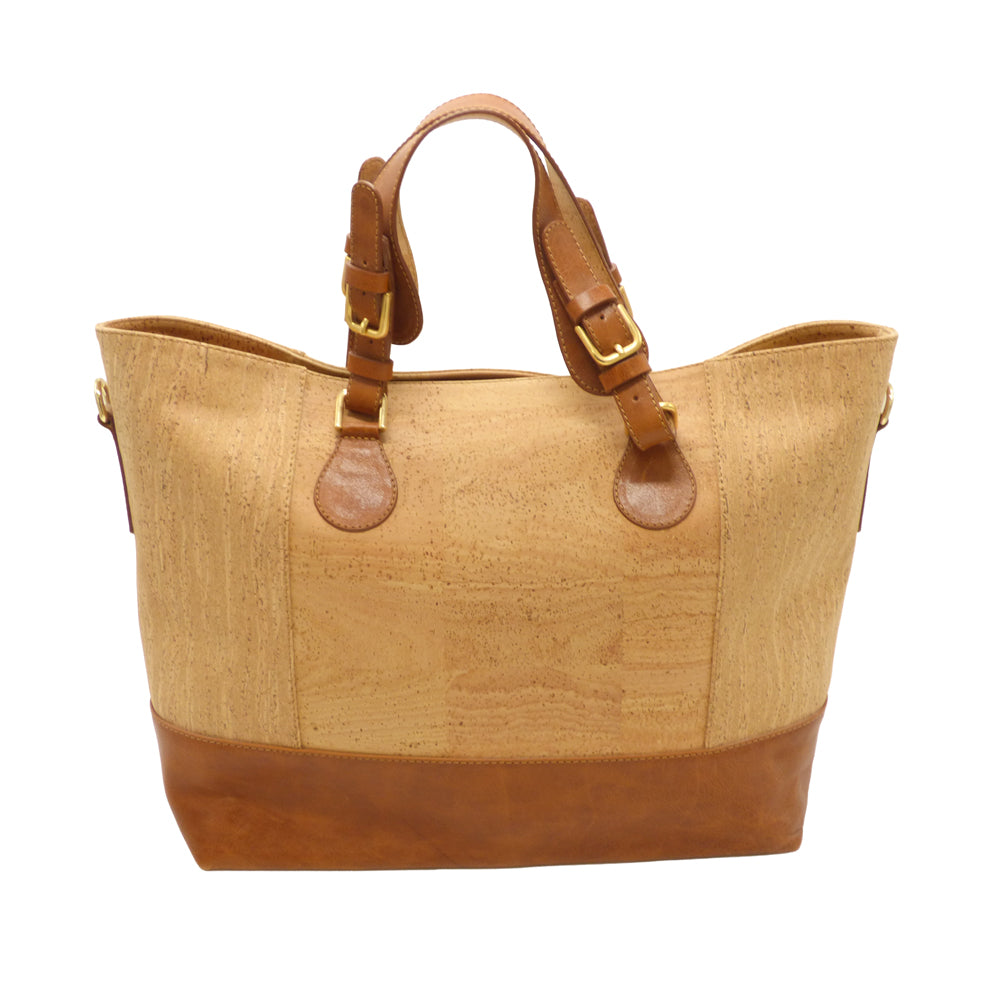Sac à main grand format en liège et cuir avec anses marron.