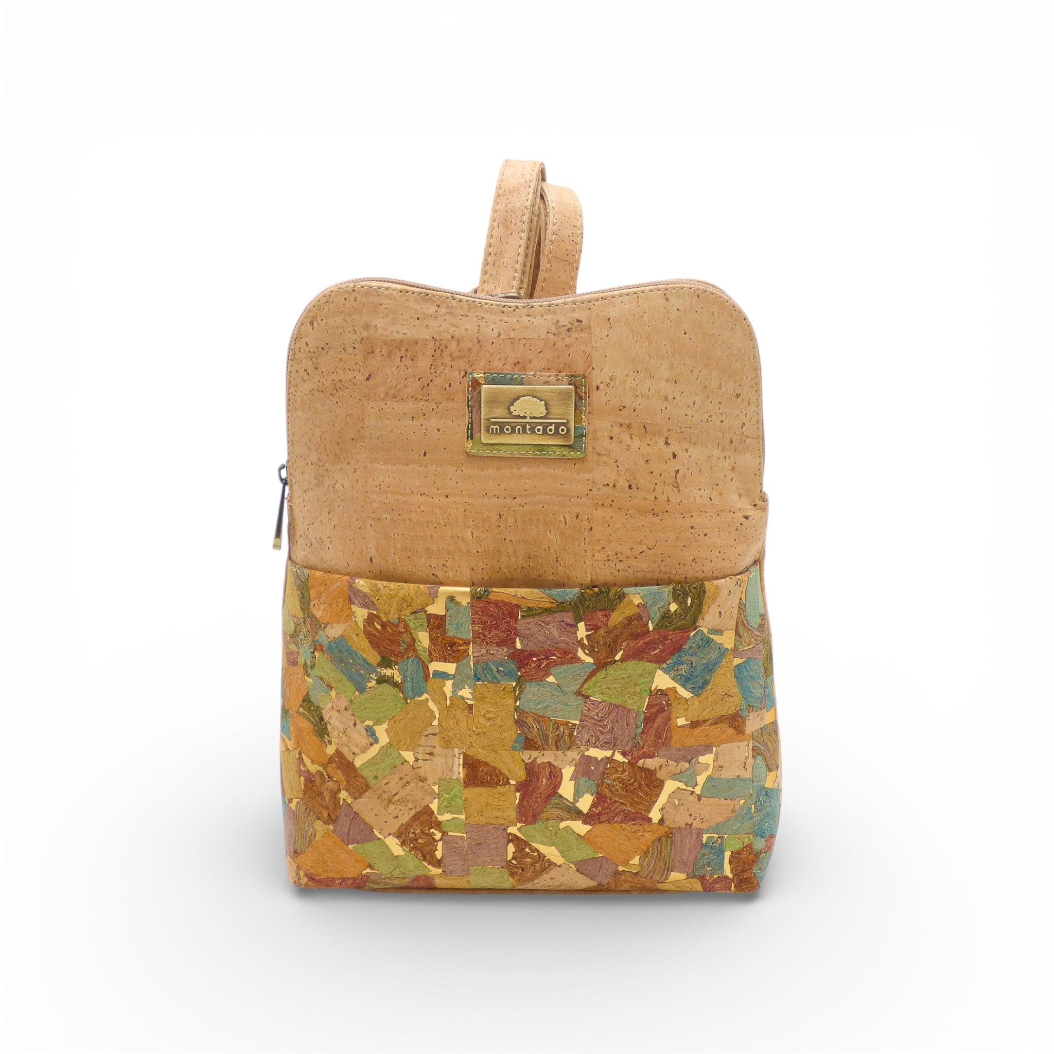 Face du sac à dos compact en liège naturel, poche avant mosaïque multicolore — Montado, Portugal