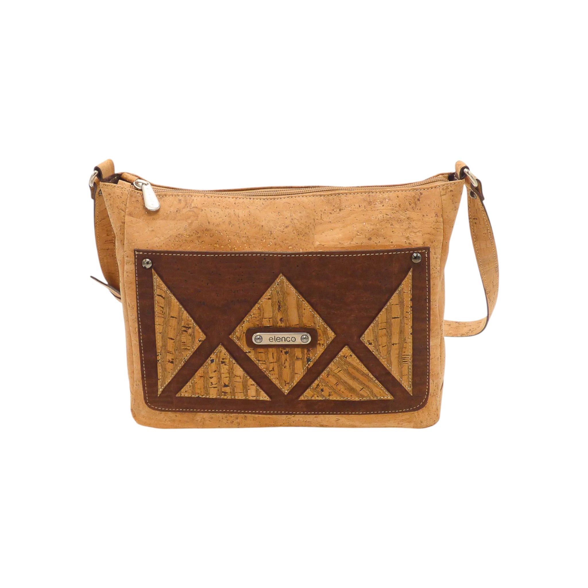 Sac bandoulière en liège, poche avant à triangles deux tons — Elenco, plaque logo, Portugal