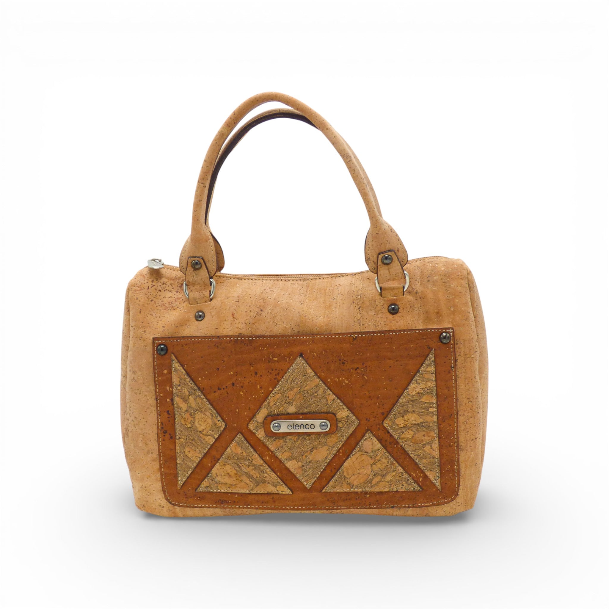 Sac à main géométrique en forme de triangle par Elenco, avec un design moderne et élégant en couleur neutre.