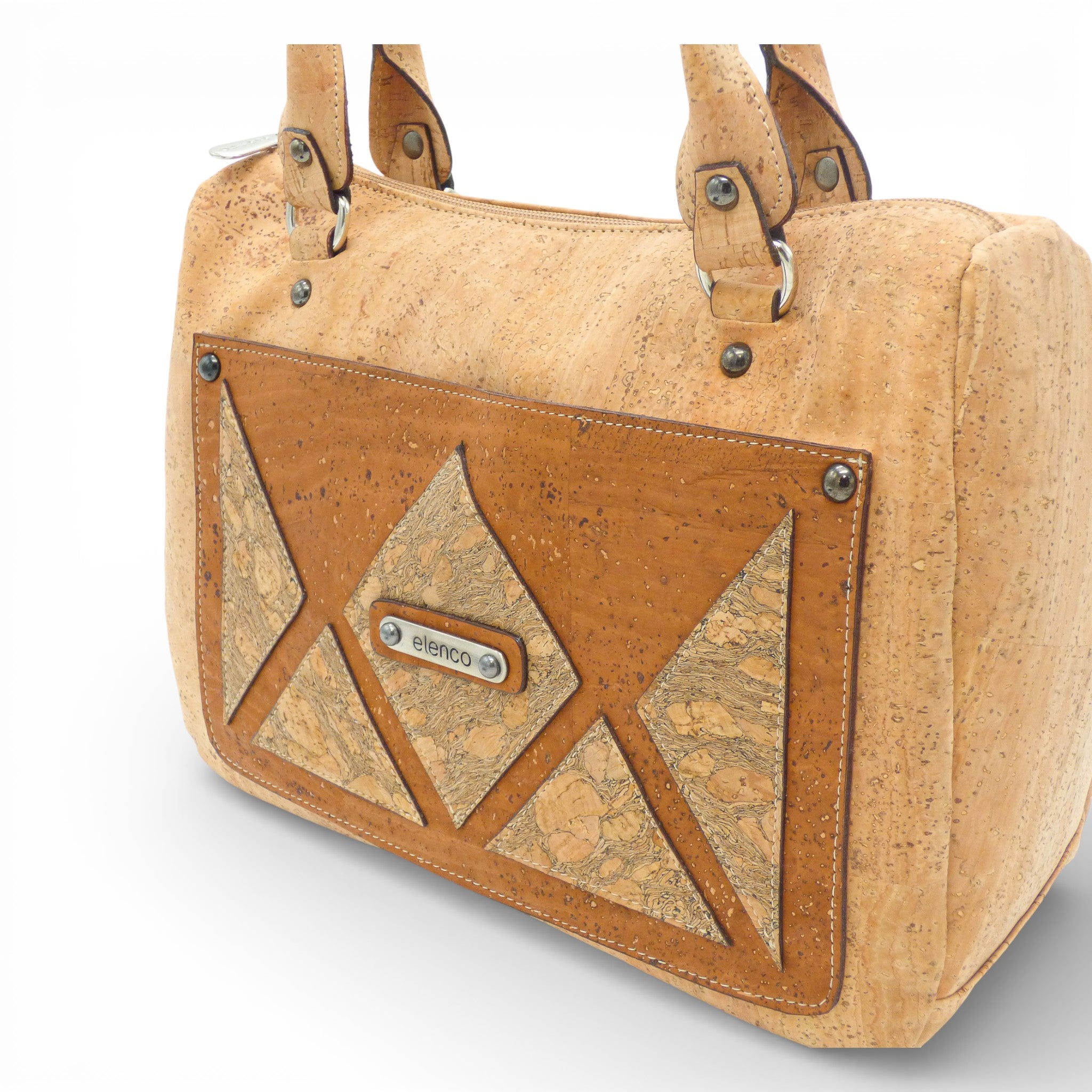 Sac à main géométrique triangle Elenco en tissu avec motifs modernes et anses élégantes, vue de face.