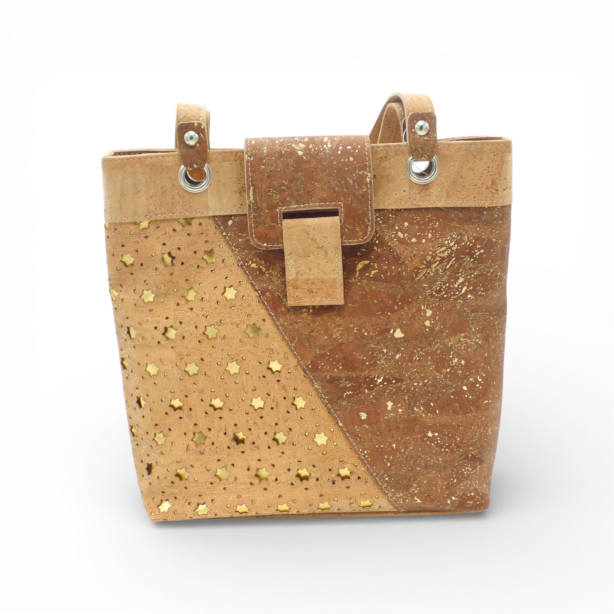 Sac en liège Sobreiro avec motif étoile géométrique, affichant une texture naturelle et un design élégant.