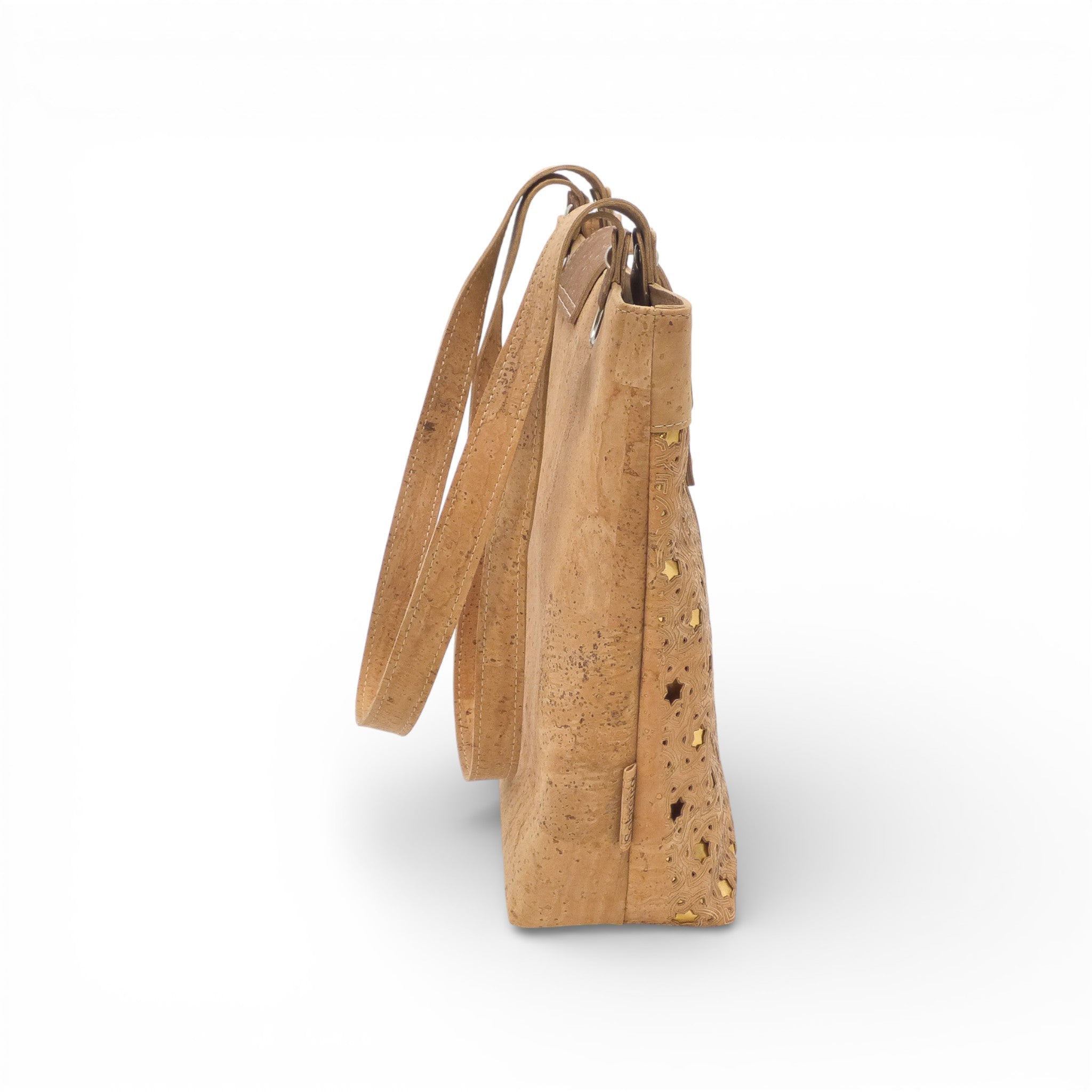 Sac à main en liège Sobreiro avec motif étoile géométrique, vue en détail sur la texture et le design élégant.