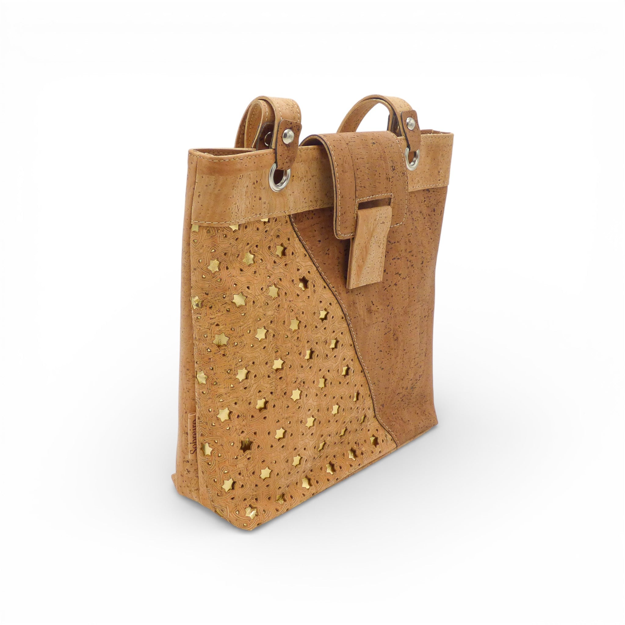 Sac à main en liège géométrique bleu de la marque Sobreiro, avec motif étoile et anses en cuir.