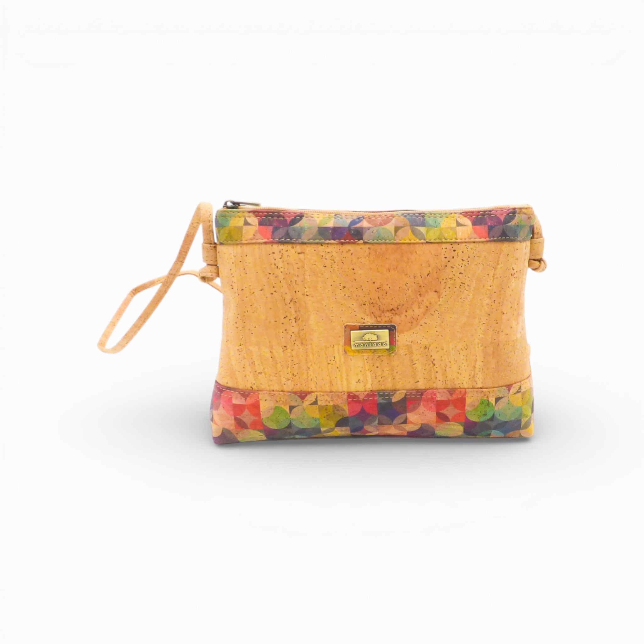 Petite pochette en liège naturel, bandes à motif géométrique multicolore — Montado, Portugal