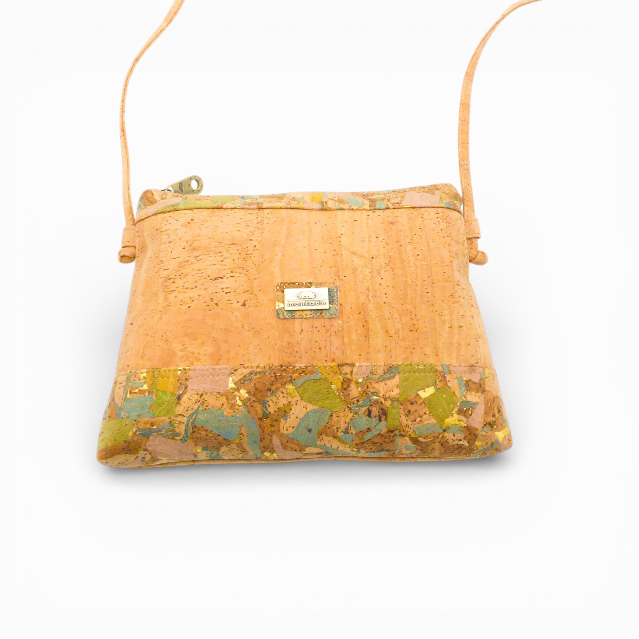 Petite pochette en liège naturel, bande basse confetti pailletée — Montado, vue face, Portugal