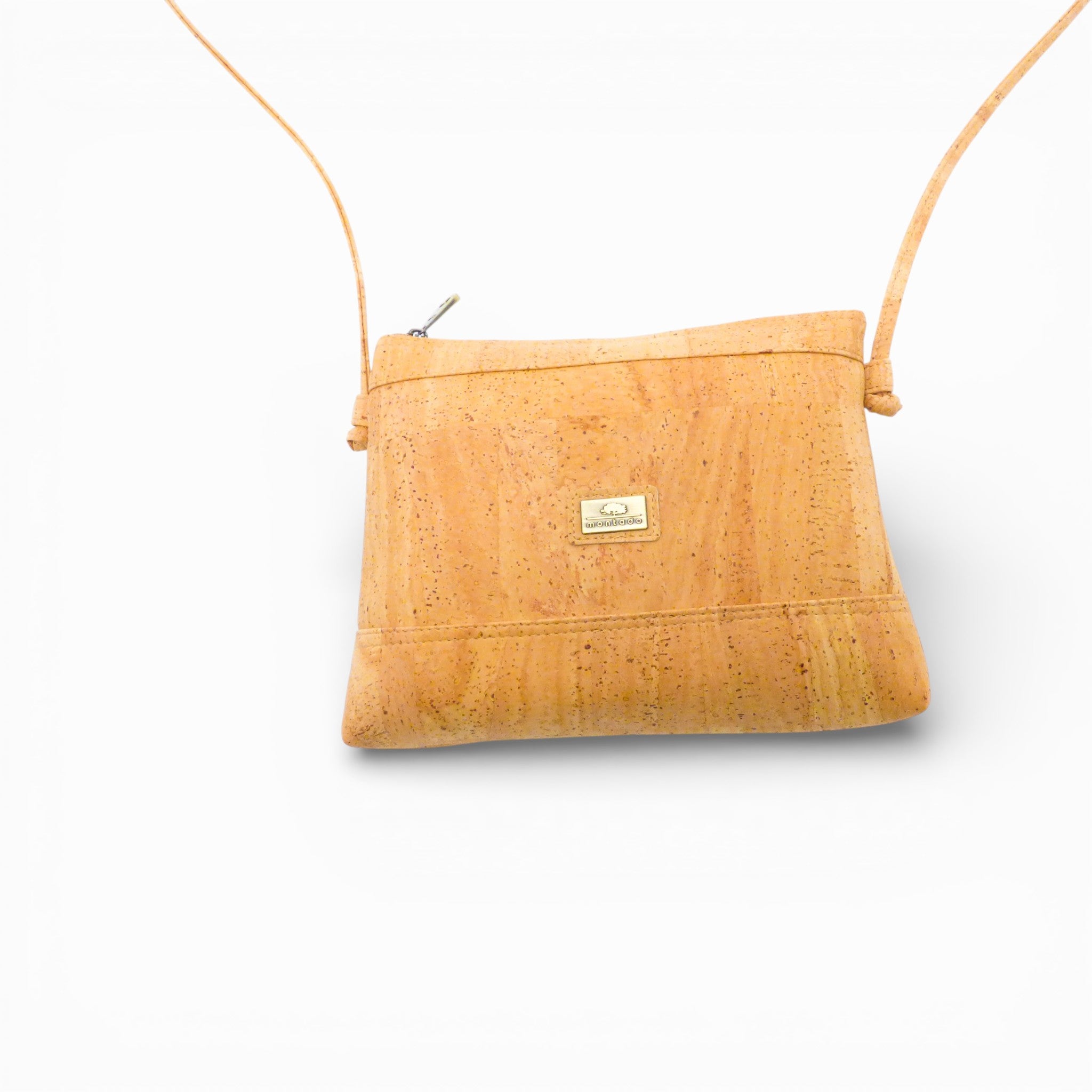 Dos d'une pochette bandoulière en liège naturel uni — Montado, fermeture zippée, Portugal