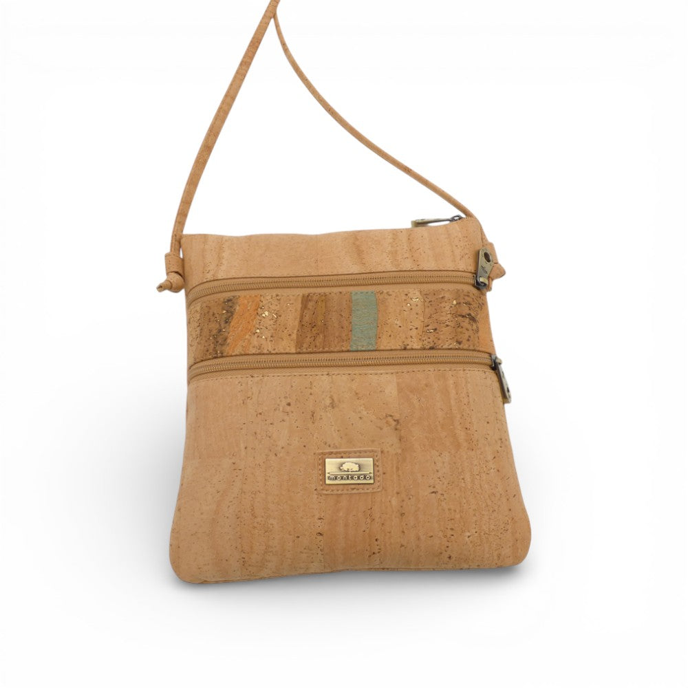 Sac bandoulière en liège naturel, bande rayée orange et vert — Montado, double zip, Portugal