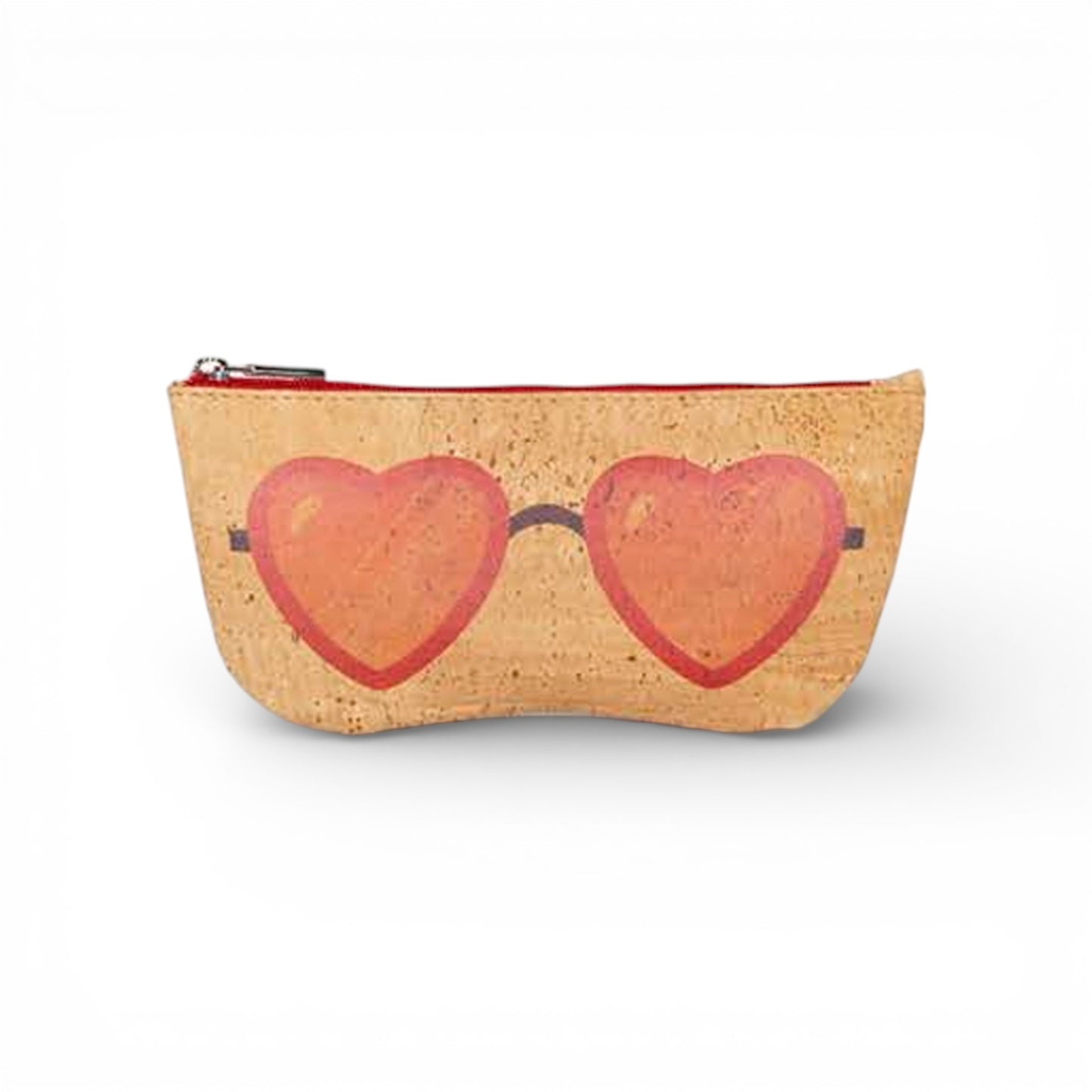 Soft eyeglass case by Artipel in red striped cork with heart pattern, displaying a front view of the accessory.