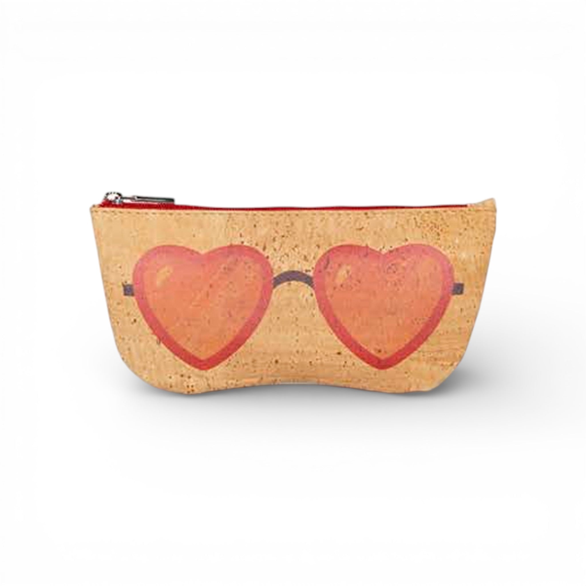 Soft eyeglass case by Artipel in red striped cork with heart pattern, displaying a front view of the accessory.