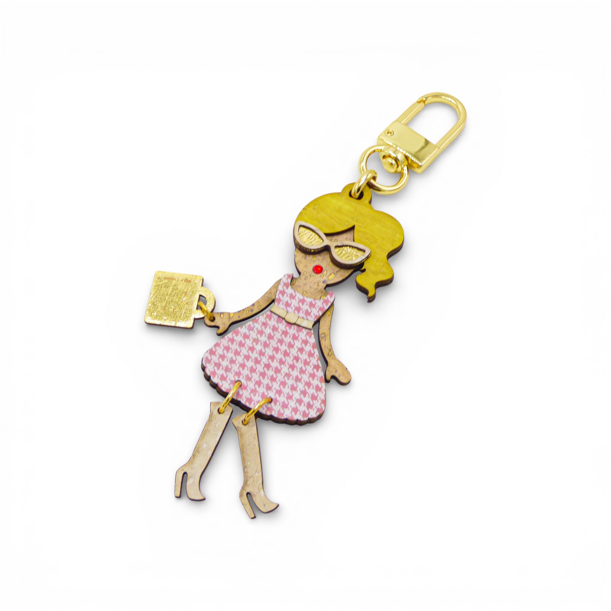 Bijou de sac figurine bois, robe pied-de-poule rose, fermoir doré — Artipel, Portugal