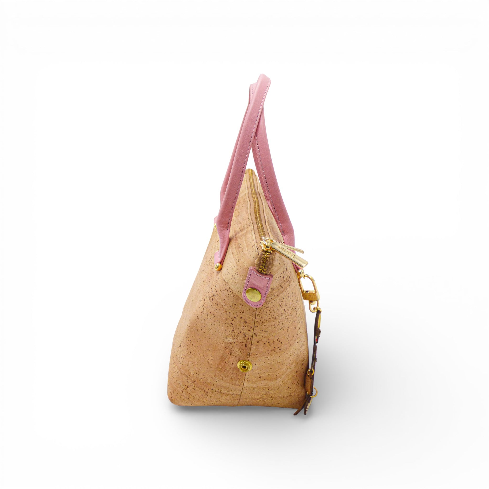 Sac en liège naturel, anses roses, profil — Artipel, ferrures dorées, Portugal