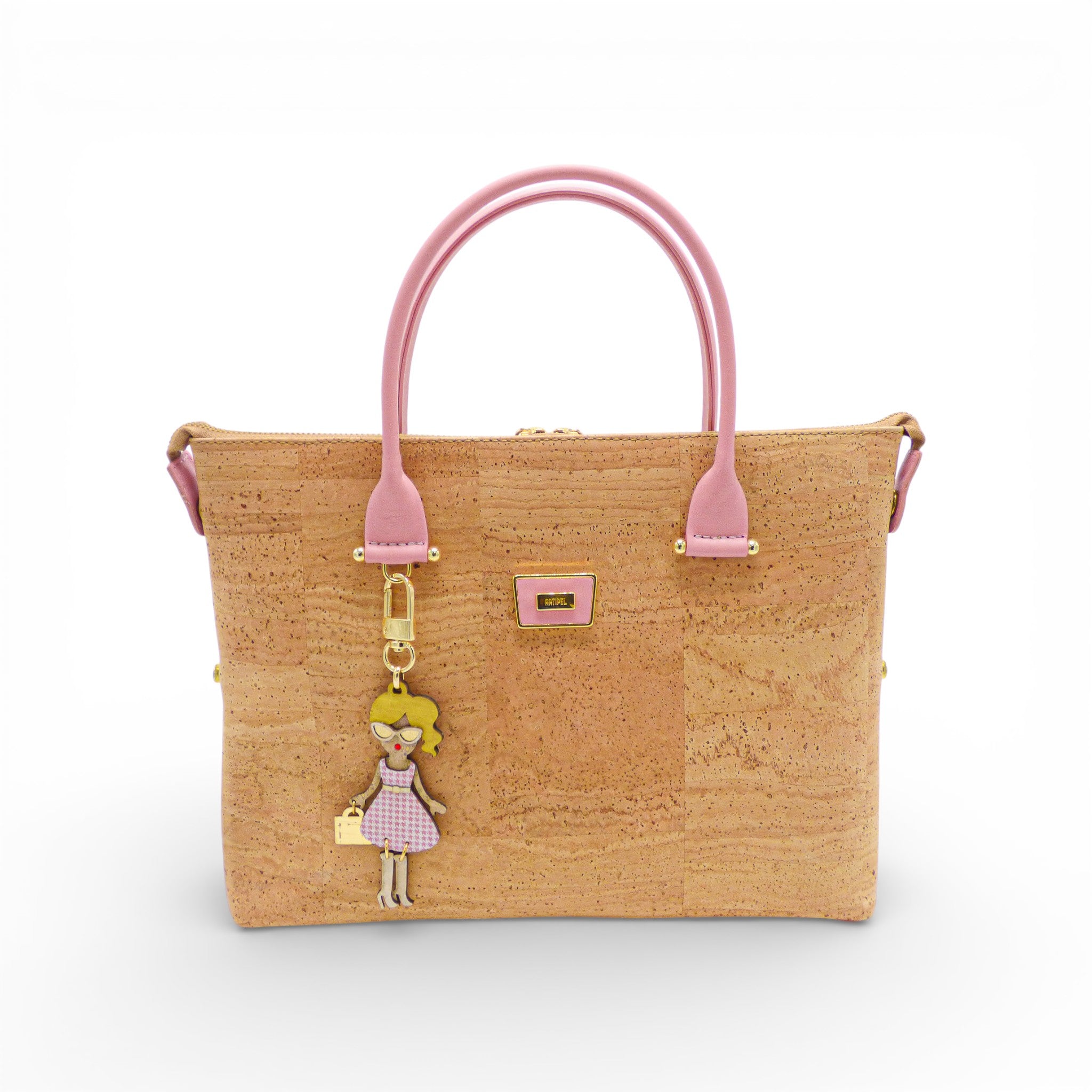 Sac convertible en liège naturel, anses rose poudré — Artipel, face, bijou de sac, logo doré, Portugal