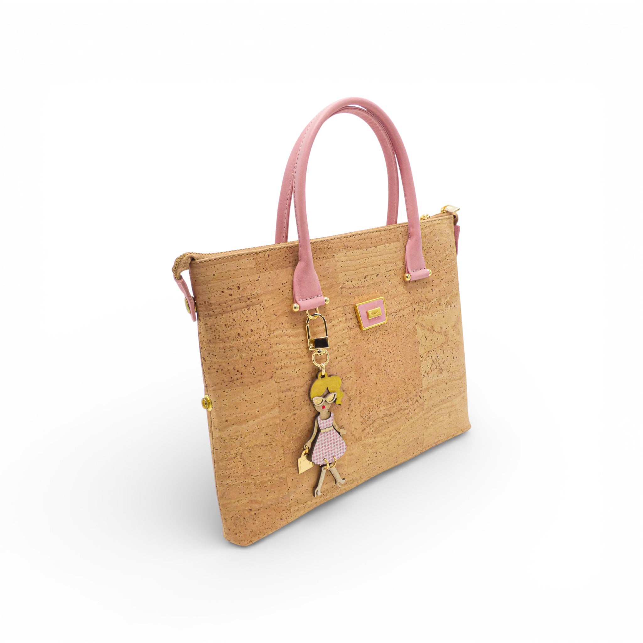 Sac modulable en liège naturel, anses roses — Artipel, vue trois-quarts, bijou poupée doré, Portugal