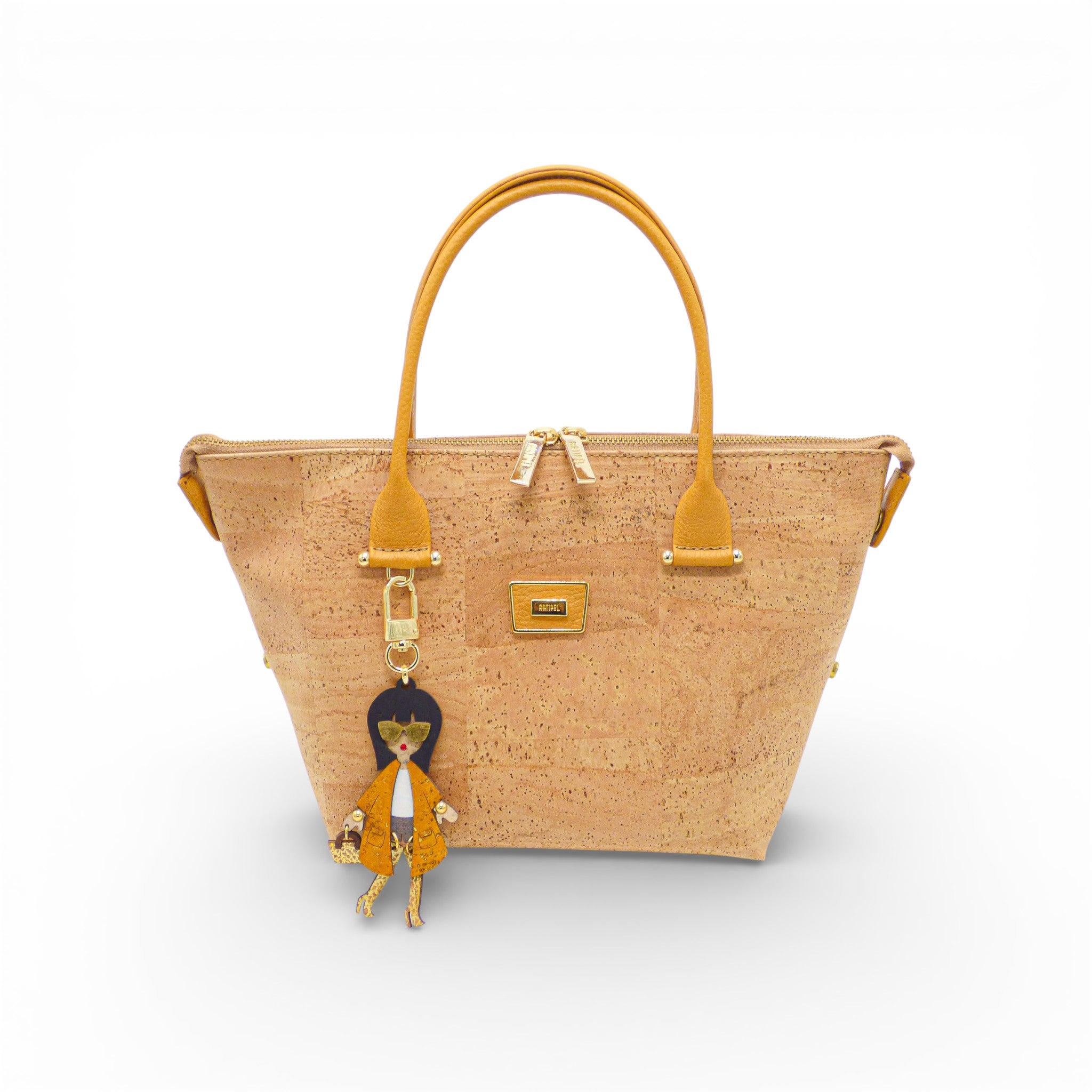 Sac modulable en liège naturel, anses moutarde — Artipel, face, bijou de sac, zips dorés, Portugal