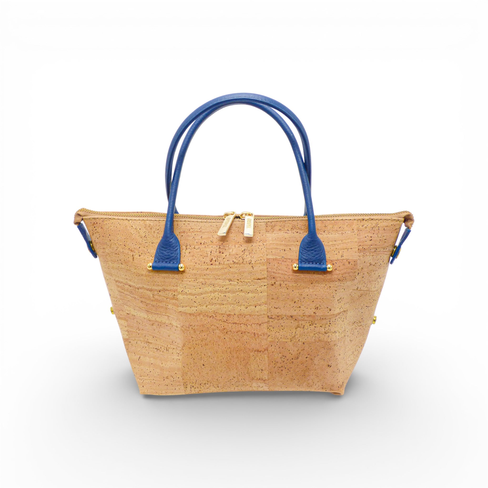 Sac modulable en liège naturel format cabas, vue de face — Artipel, anses bleues, Portugal