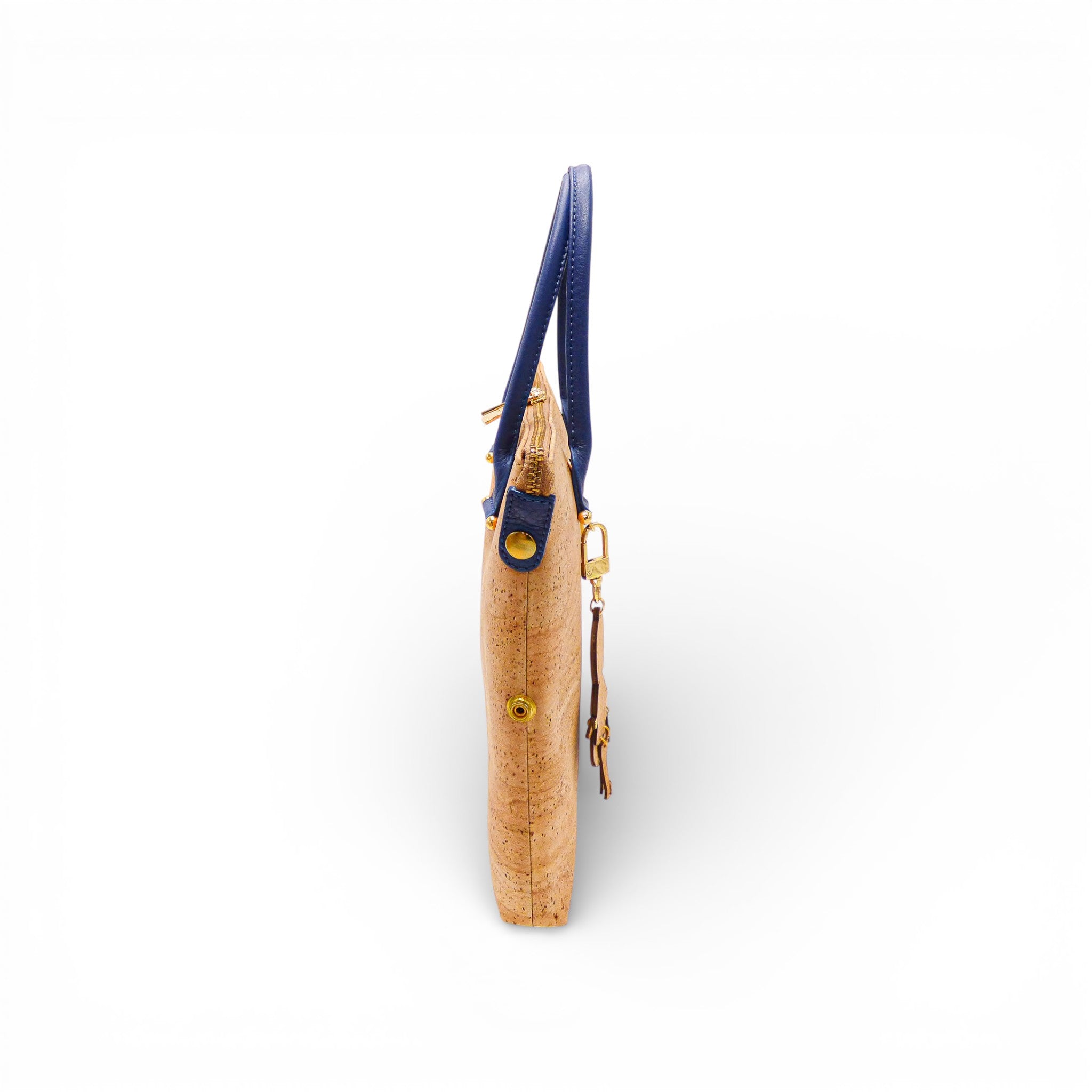 Profil d’un sac modulable en liège naturel, forme repliée — Artipel, anse bleue, pampille, Portugal