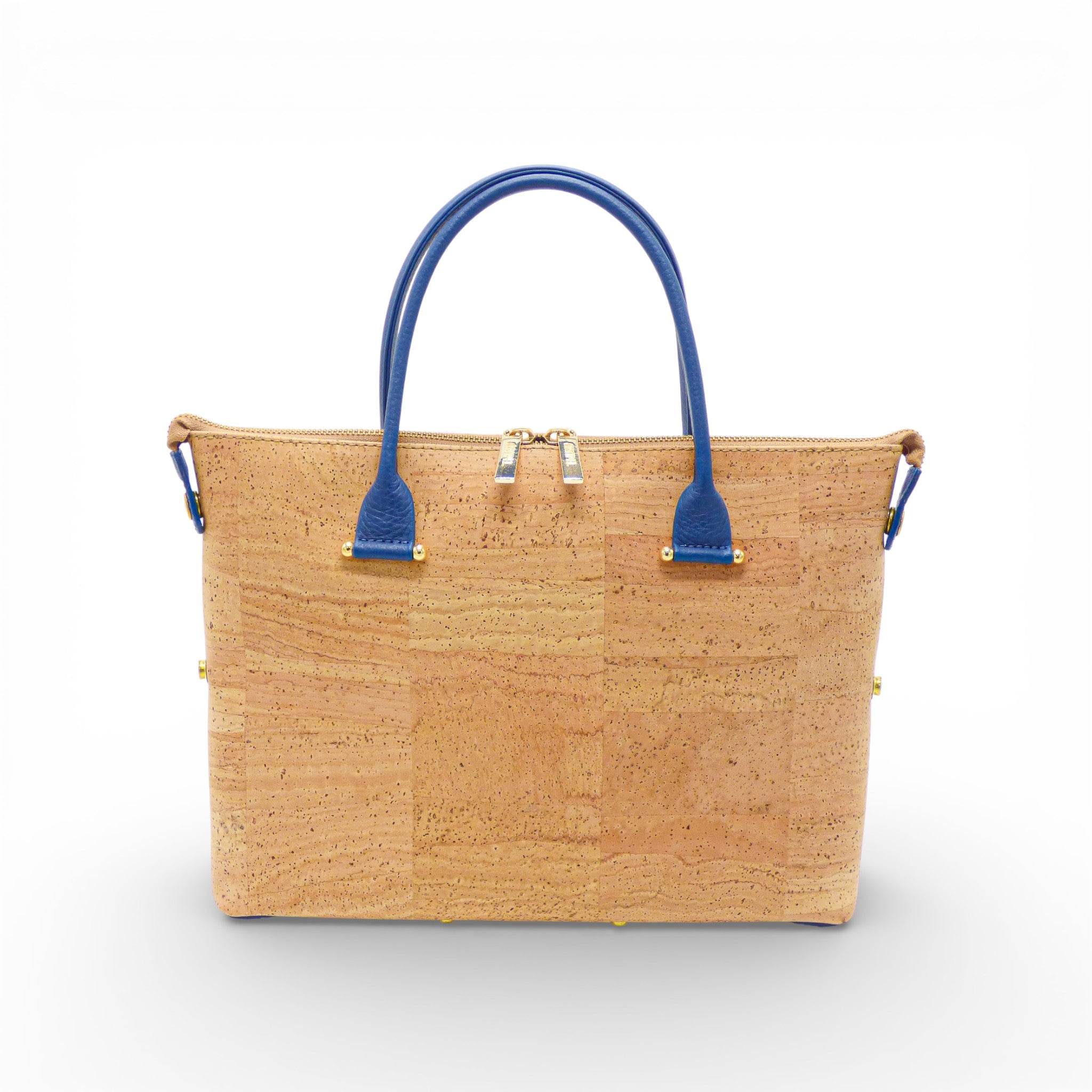 Sac modulable cabas en liège naturel, vue de face — Artipel, anses bleues, zip doré, Portugal