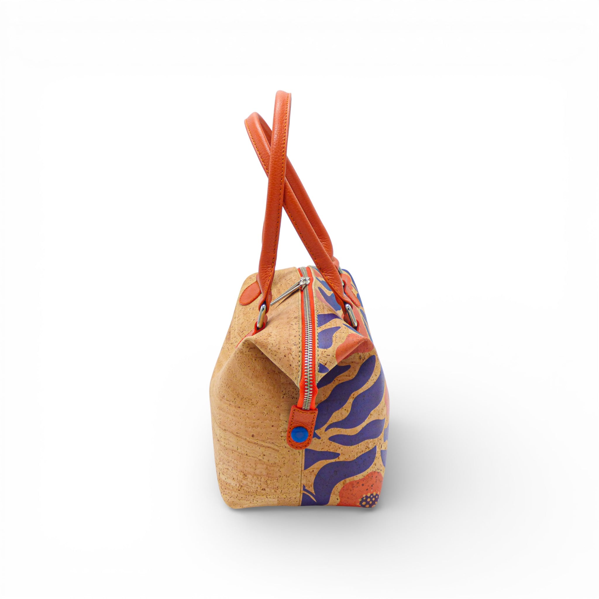 Profil d'un sac en liège imprimé coquelicots orange et violet — Artipel, anses orange, Portugal