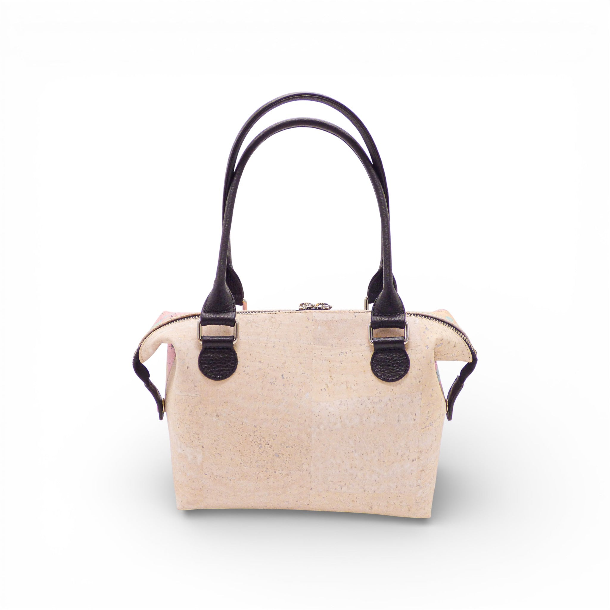 Sac tonneau en liège crème uni anses noires — Artipel, forme bowling zippée, Portugal