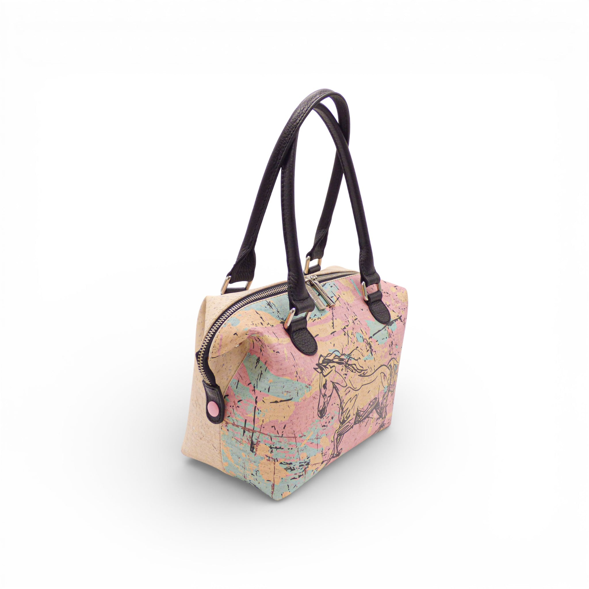 Trois-quarts du sac modulable en liège pastel au cheval dessiné — Artipel, anses cuir, Portugal