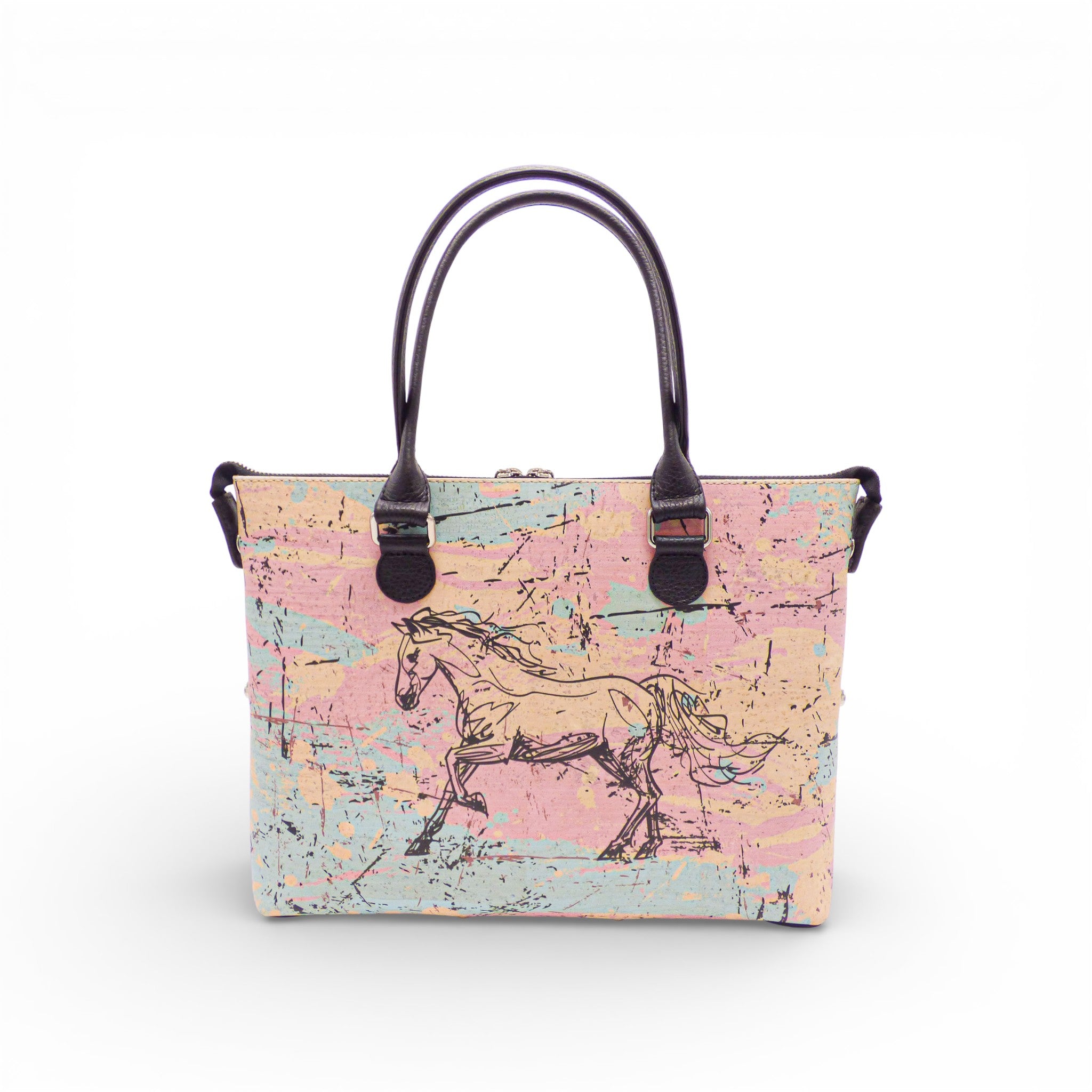 Petit sac modulable en liège motif Pink Horse, forme cabas — Artipel, fait main