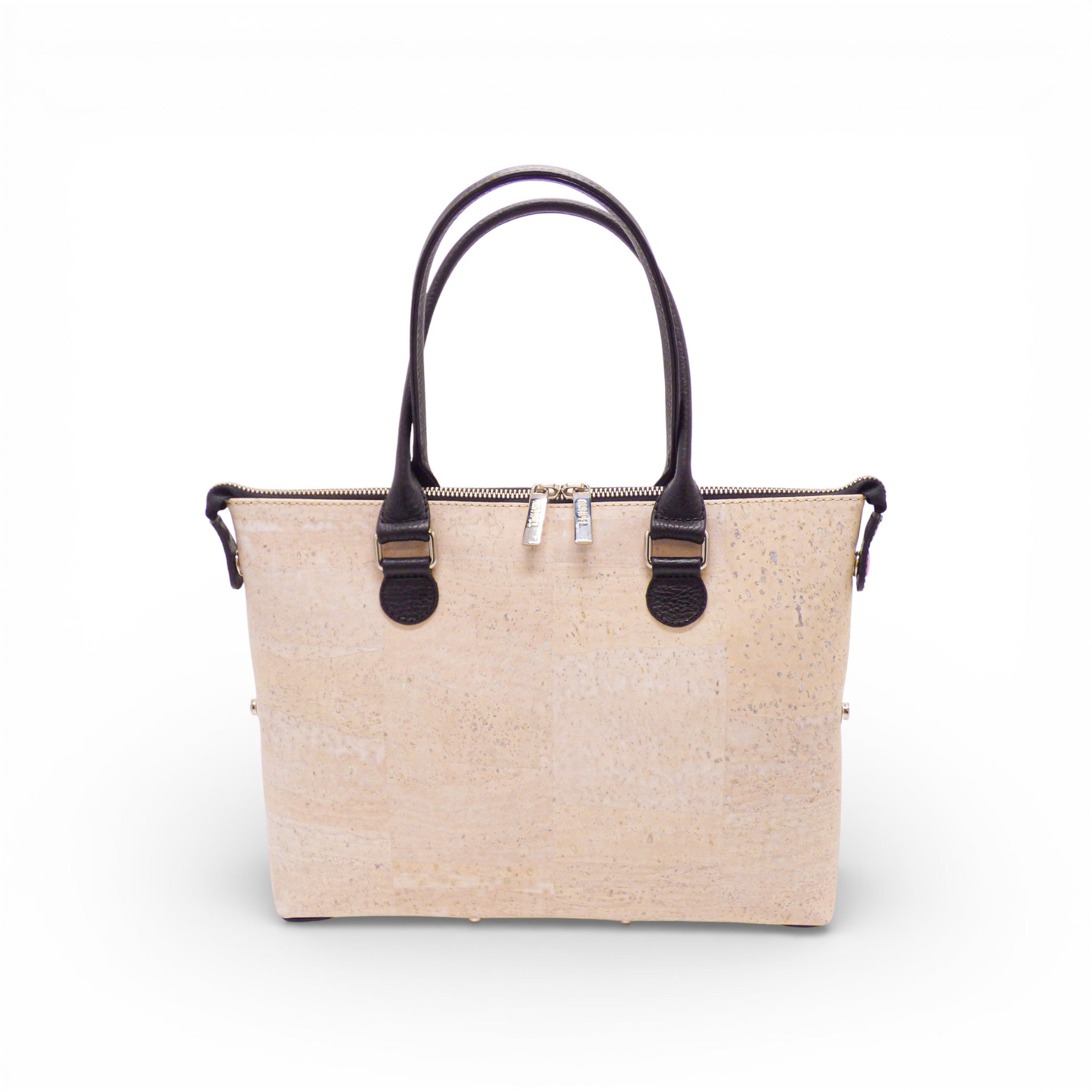 Face d'un sac modulable en liège naturel beige uni — Artipel, anses cuir foncé, Portugal