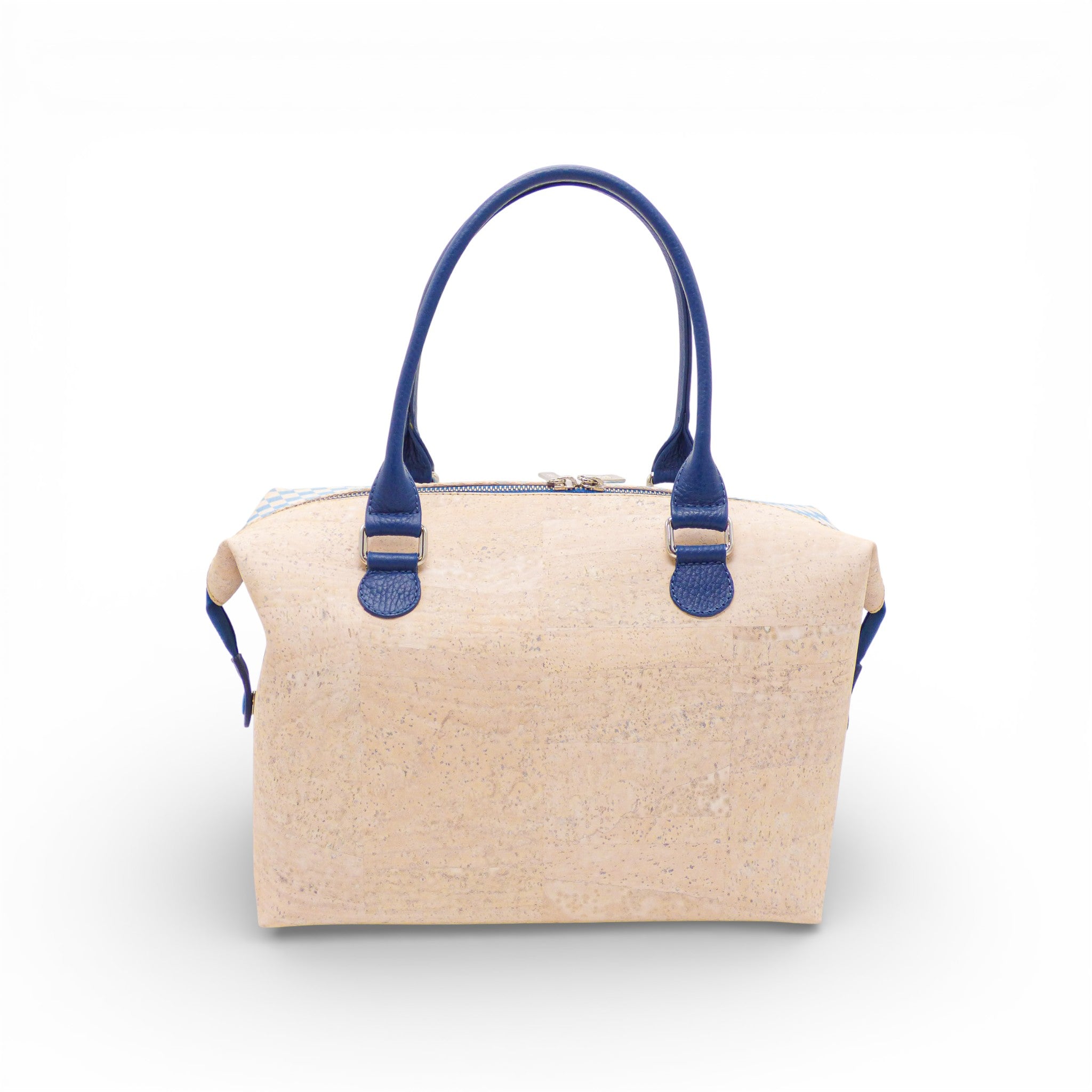 Dos d'un sac modulable en liège naturel — Artipel, anses bleu marine, attaches métal, Portugal