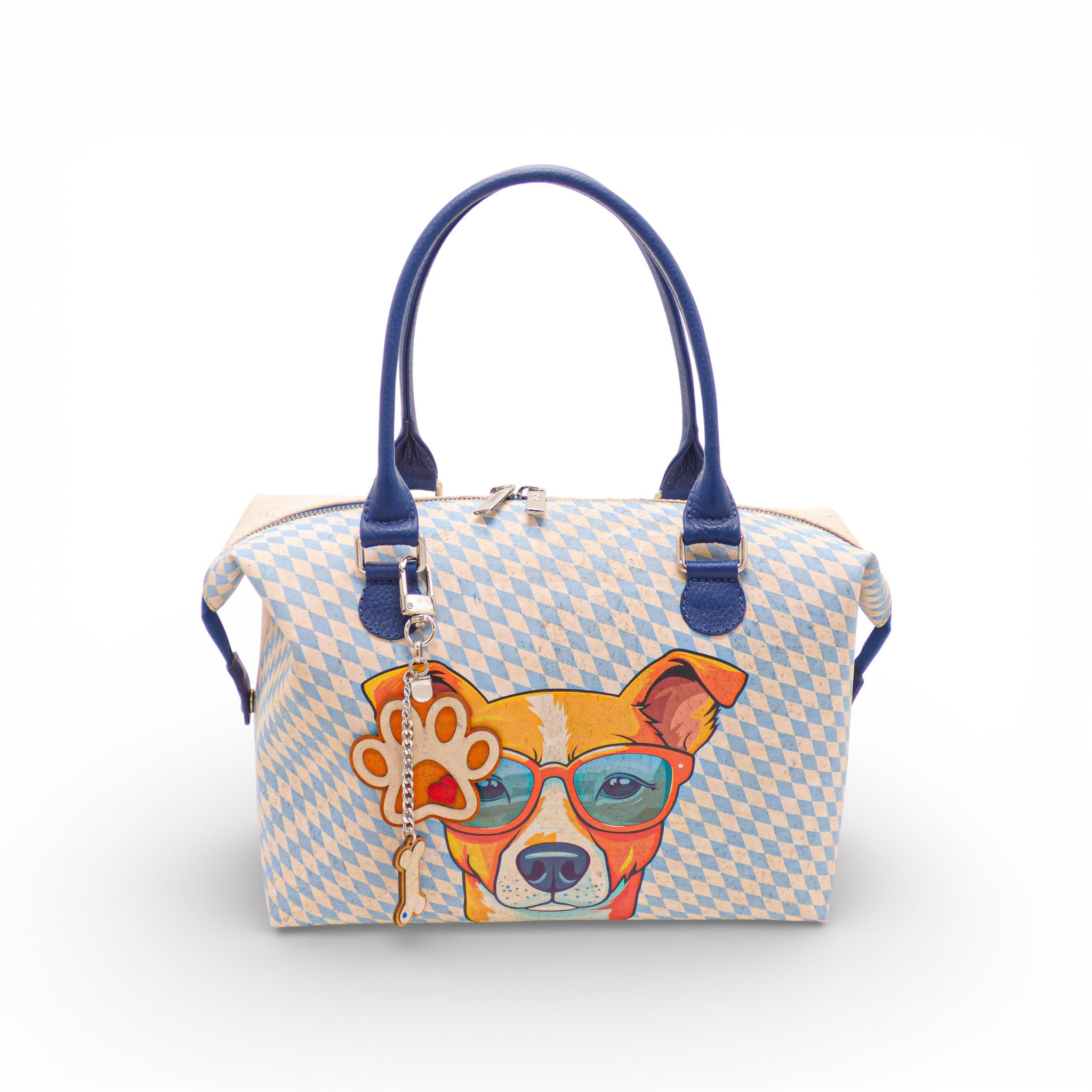Sac en liège motif losange bleu, chien à lunettes de face — Artipel, breloque patte, Portugal