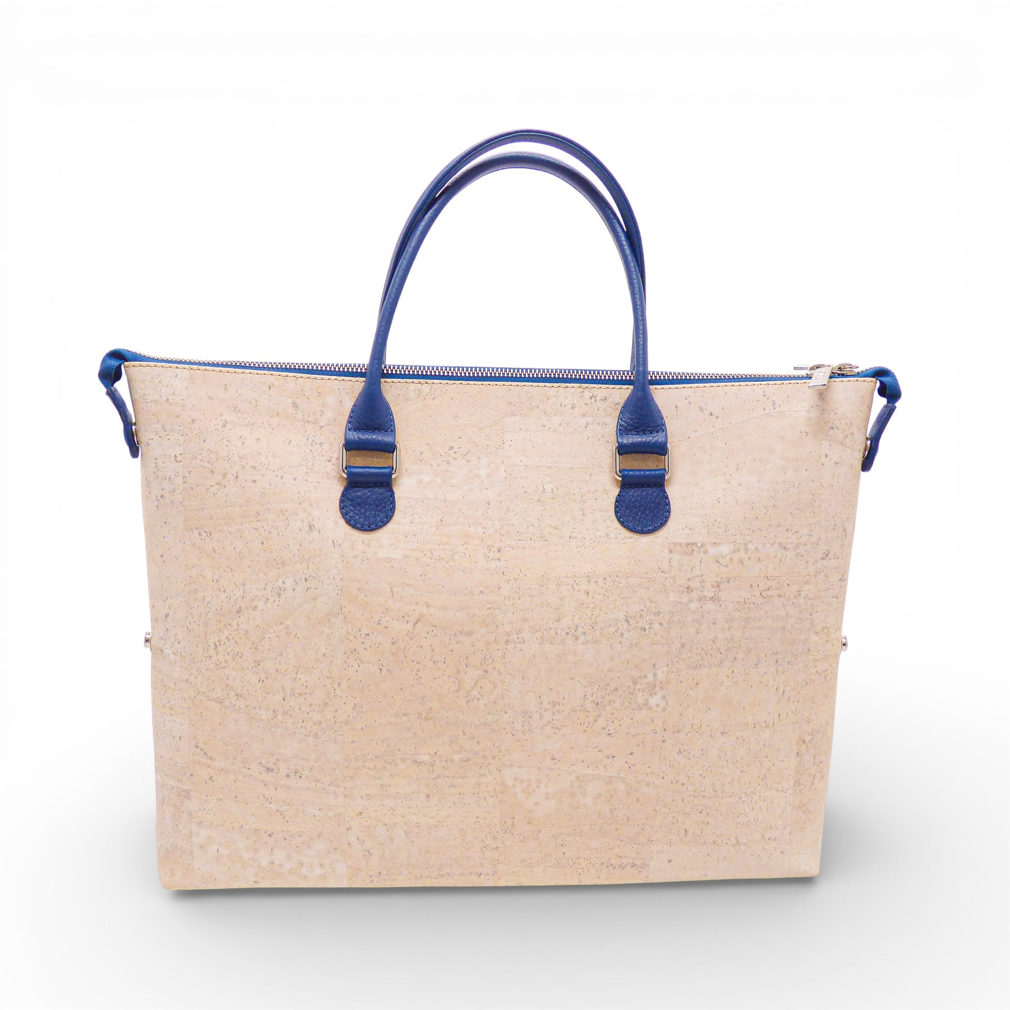 Dos d'un sac modulable en liège naturel — Artipel, anses bleu roi, attaches métal, Portugal