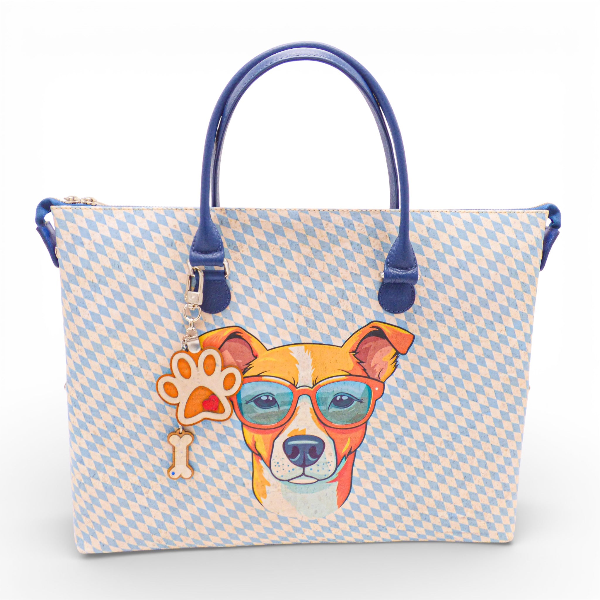 Cabas en liège motif losange bleu, chien à lunettes — Artipel, anses bleues, Portugal