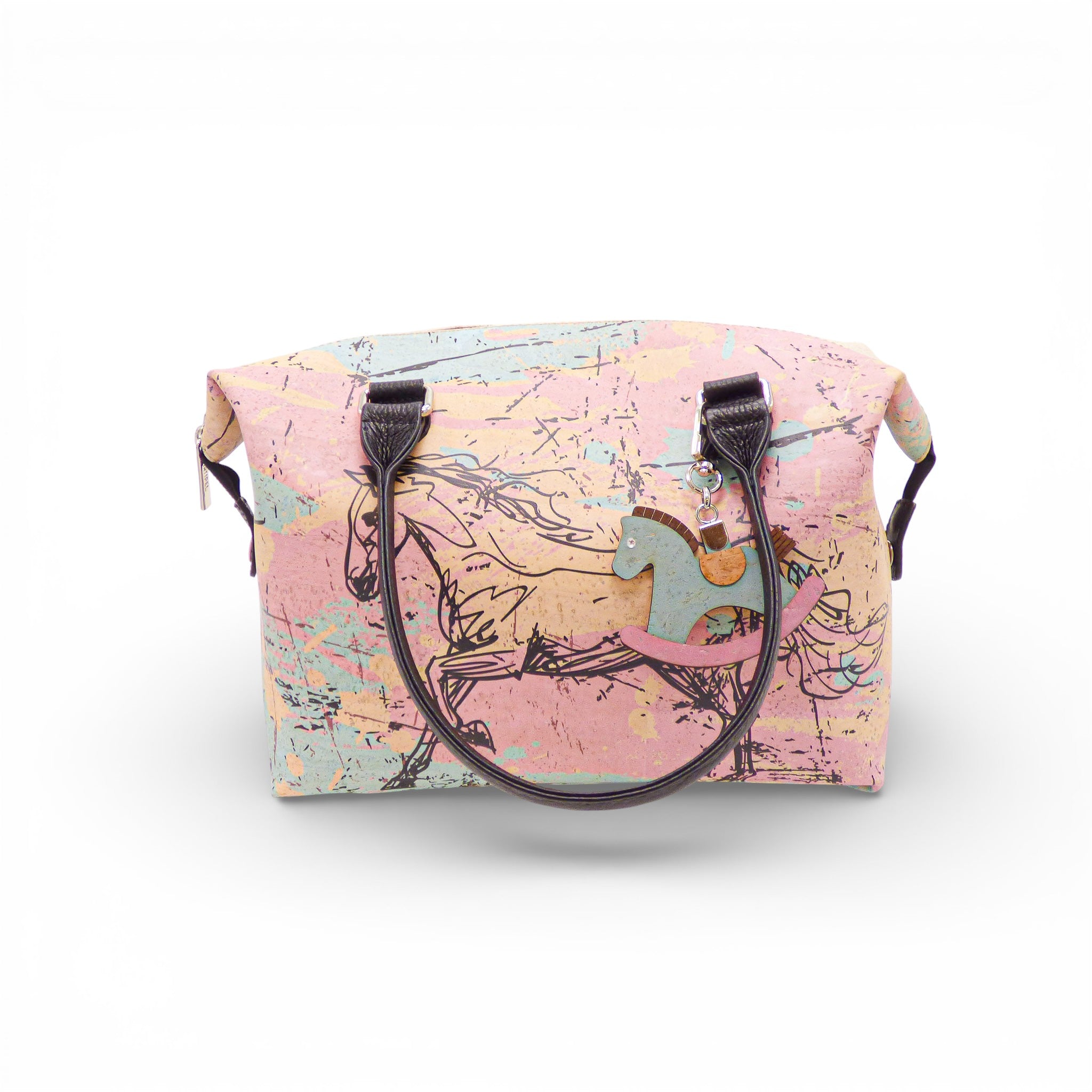 Sac modulable en liège imprimé pastel à cheval, trois-quarts — Artipel, anses brun foncé, Portugal