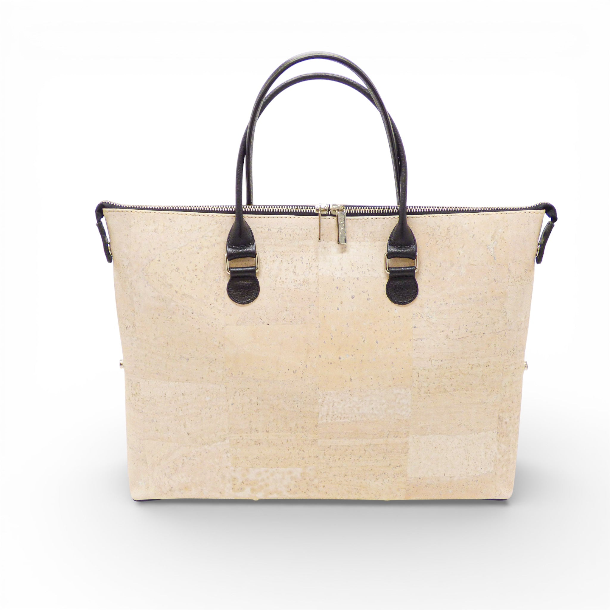 Dos d'un sac modulable en liège naturel — Artipel, anses brun foncé, attaches métal, Portugal