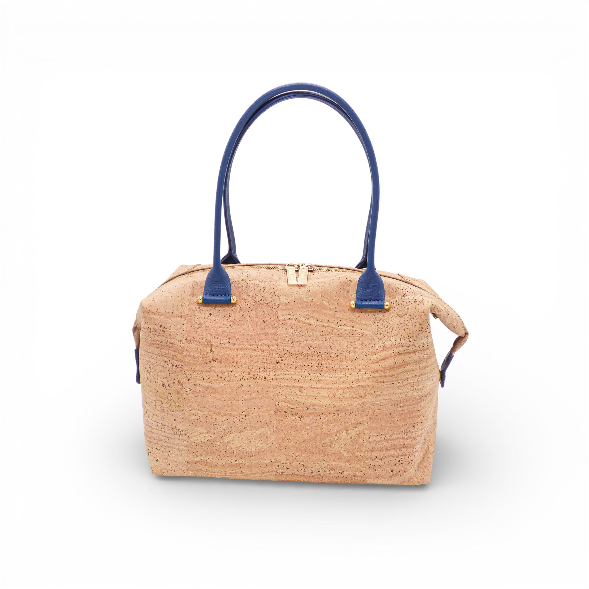 Sac bowling modulable en liège naturel de trois-quarts — Artipel, anses bleues, métal doré, Portugal
