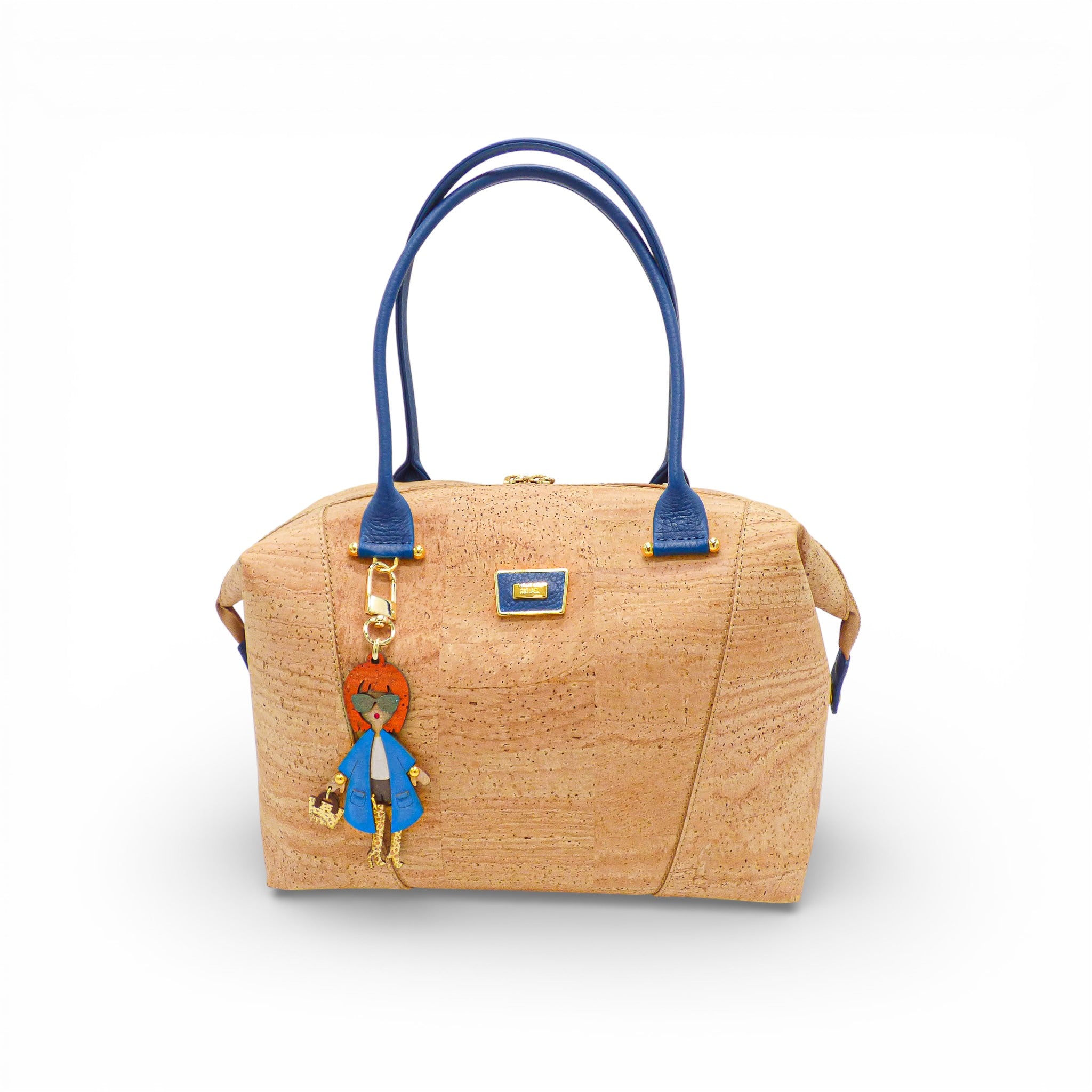 Sac modulable en liège naturel en forme bowling — Artipel, anses bleues, breloque poupée, Portugal