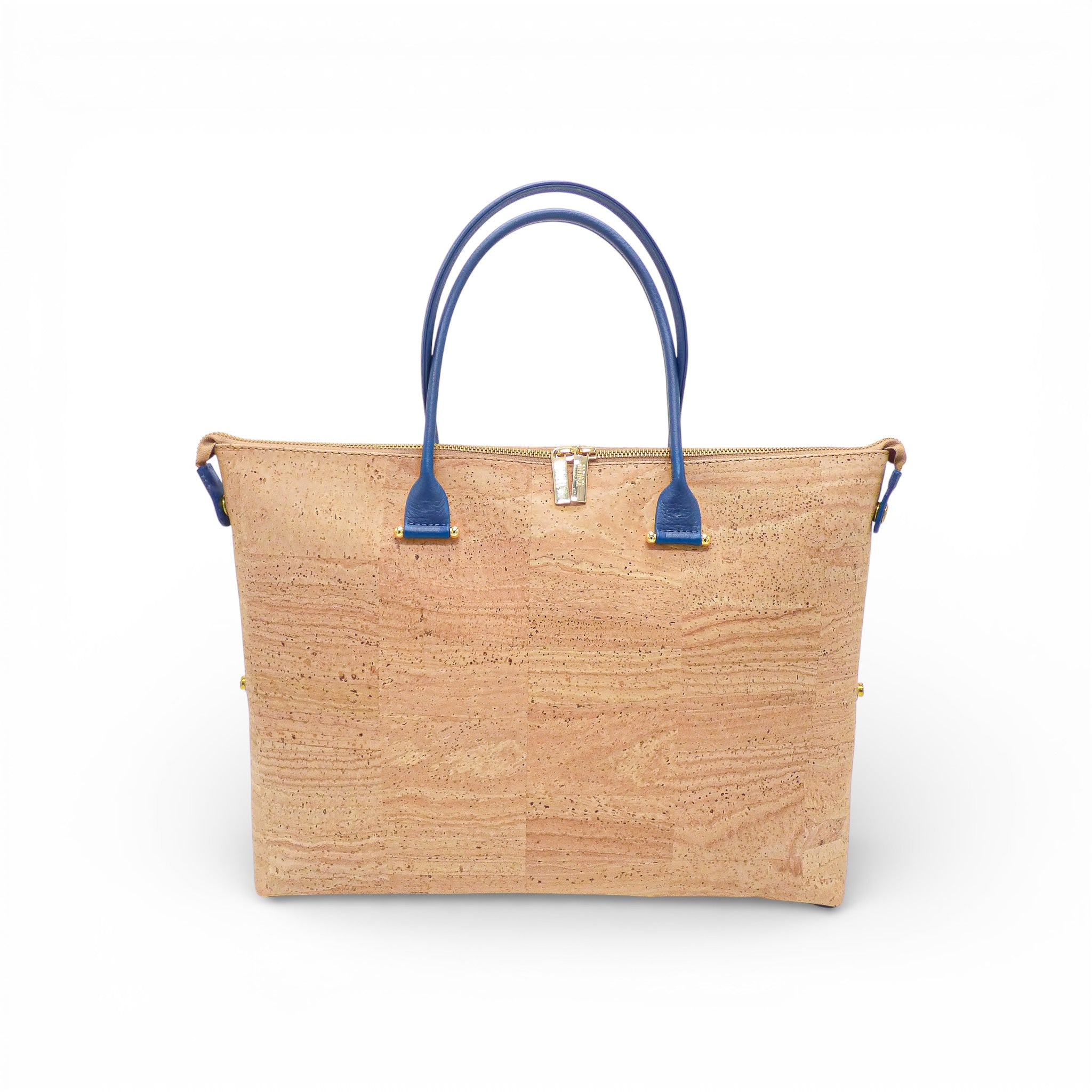 Sac modulable en liège naturel uni de face — Artipel, format cabas, anses bleues, Portugal
