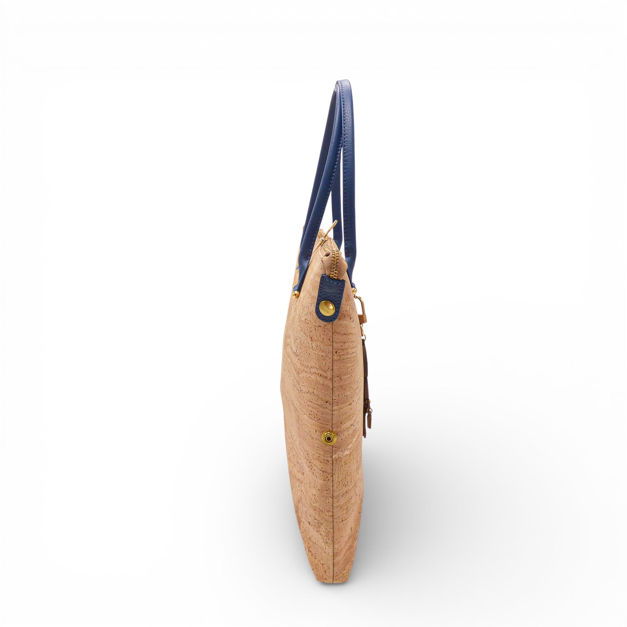 Profil du sac modulable en liège naturel — Artipel, format fin, anse bleue, métal doré, Portugal