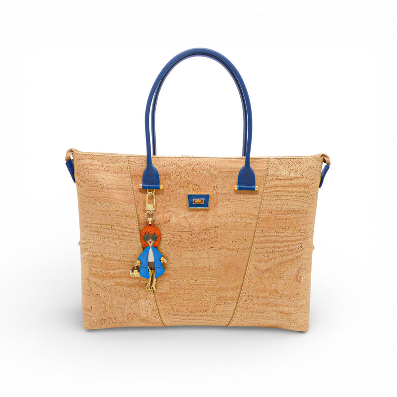 Grand sac convertible en liège naturel aux anses bleues, vu de face en forme cabas