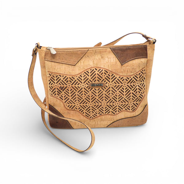 Sac bandoulière "Mosaïque" géométrique Elenco en liège avec motifs colorés et bandoulière ajustable.