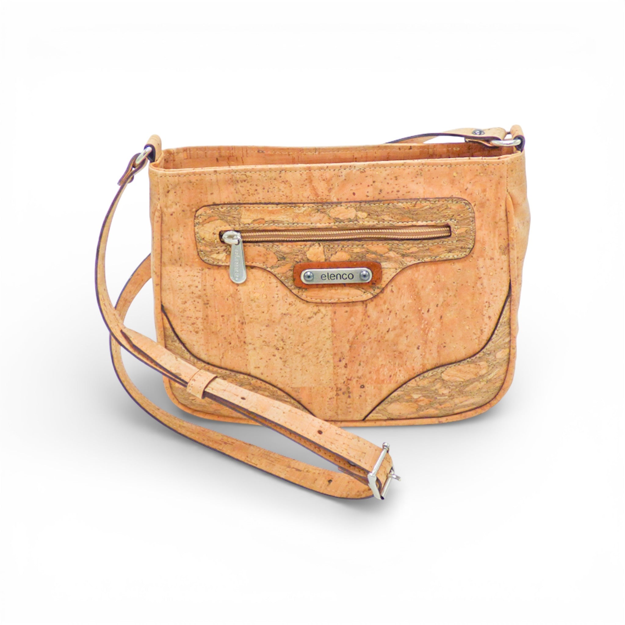 Sac bandoulière "L'Organisé" multi-poches en liège de la marque Elenco, affichant un design fonctionnel et élégant.